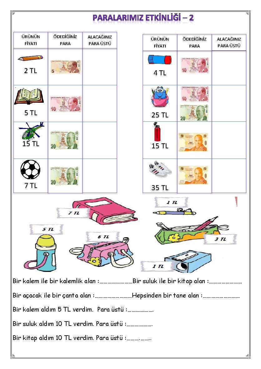 1. Sınıf Matematik Paralarımız Etkinliği -2