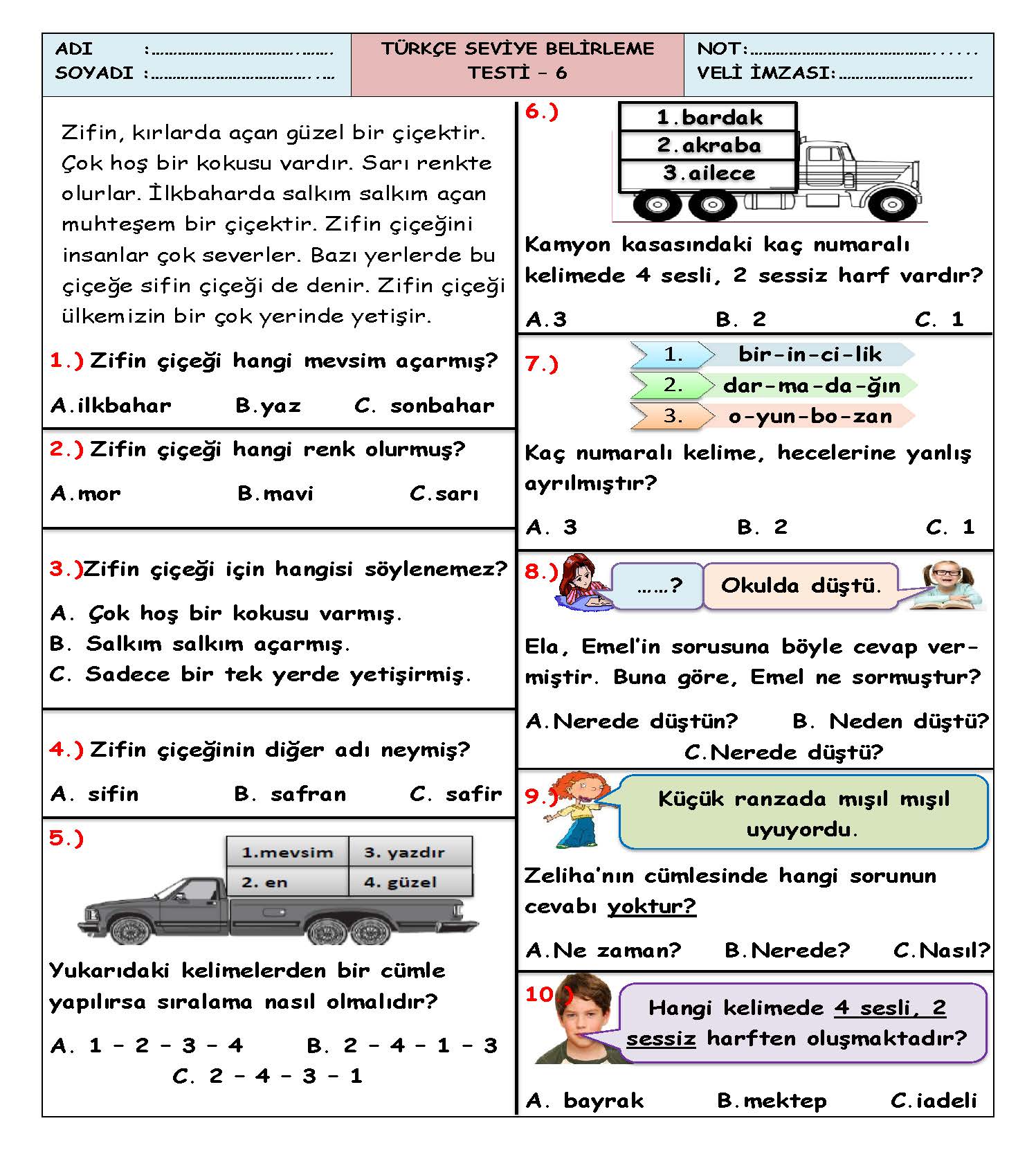 1. Sınıf Türkçe Seviye Belirleme Testi-6