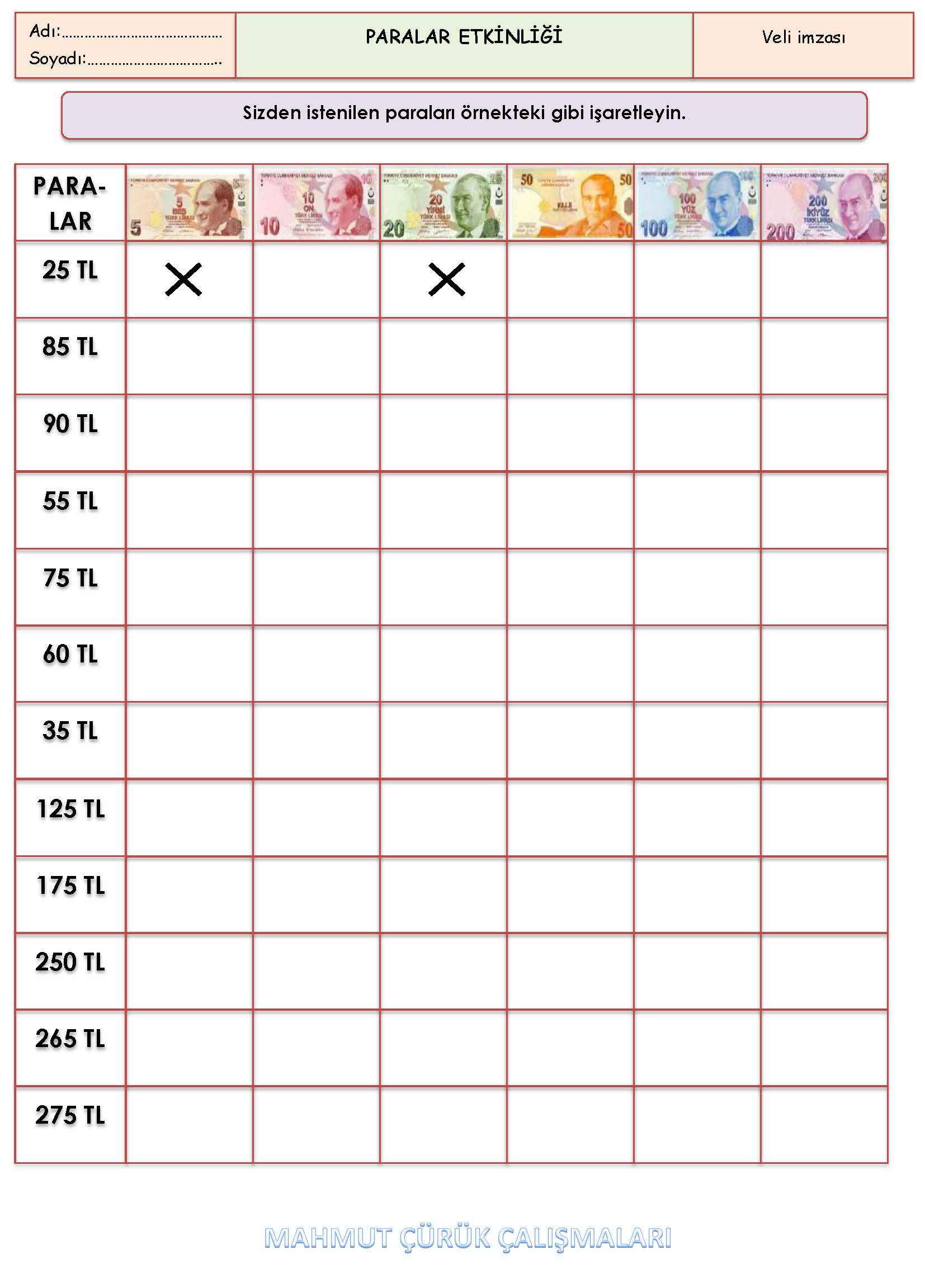 2. Sınıf Matematik Paralar Etkinliği