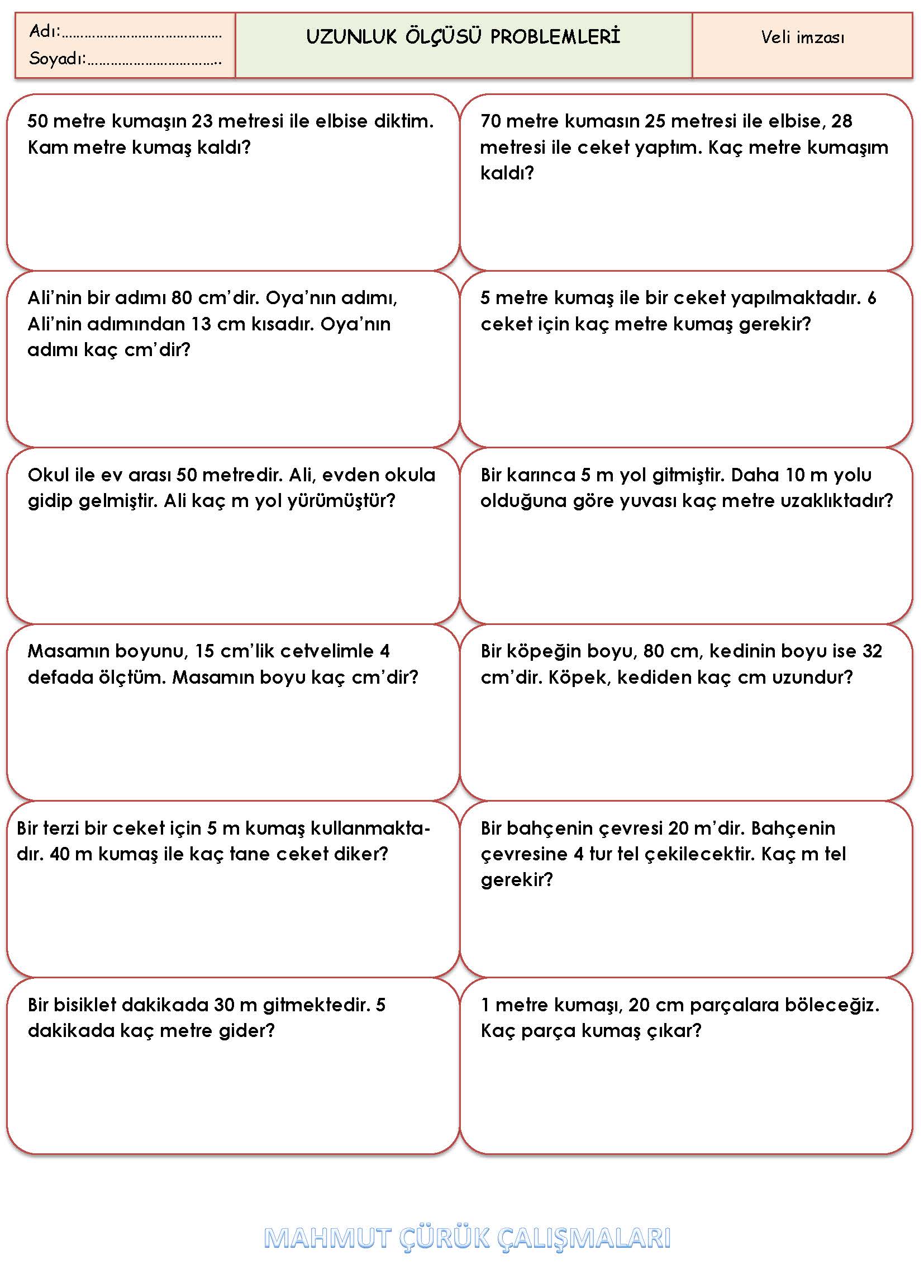 2. Sınıf Matematik Uzunluk Problemleri Etkinliği