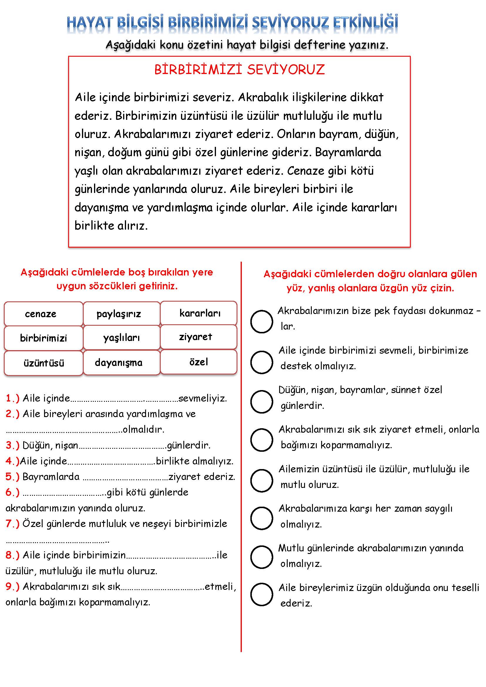 2. Sınıf Hayat Bilgisi Birbirimizi Seviyoruz Etkinliği