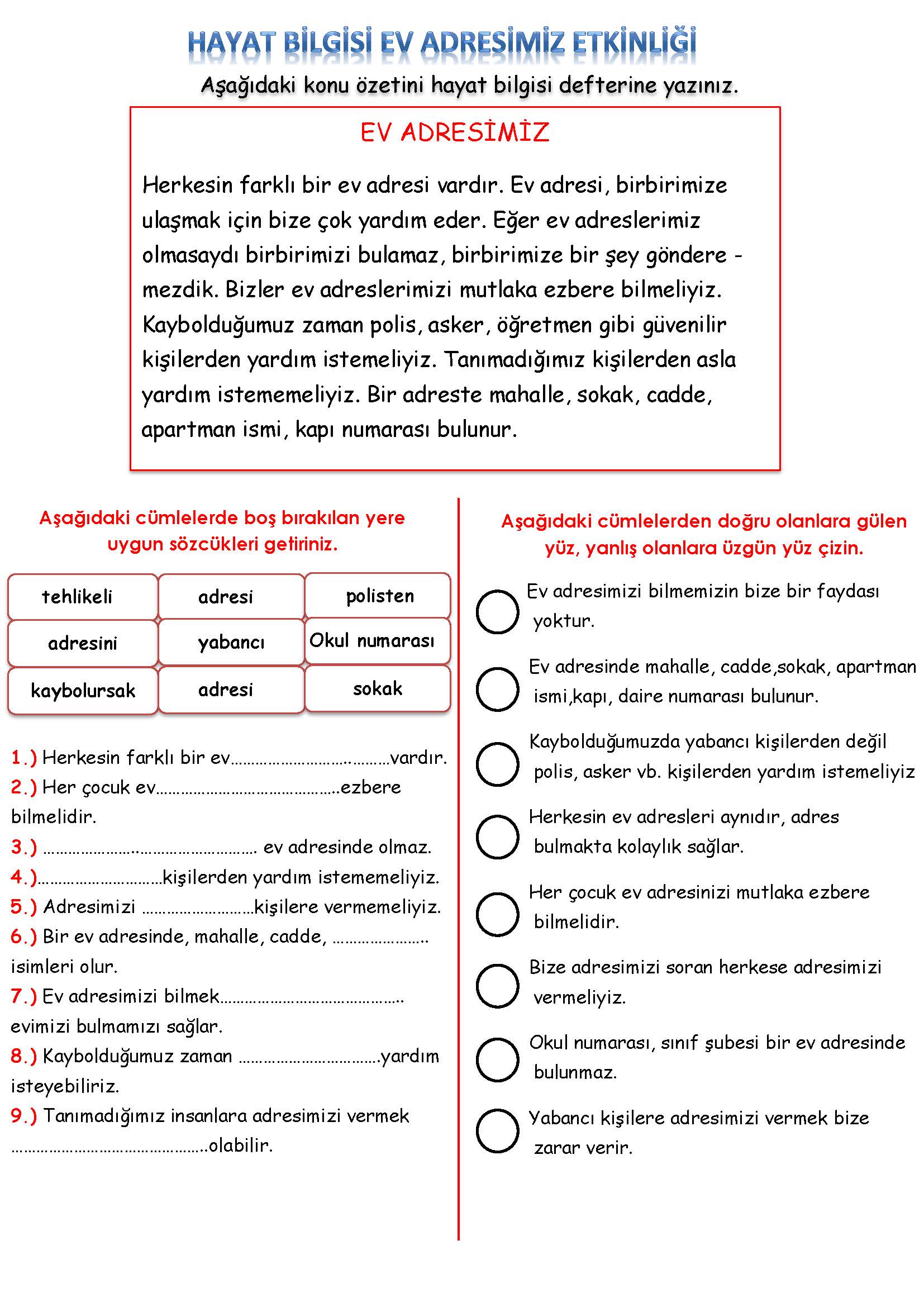 2. Sınıf Hayat Bilgisi Ev Adresimiz Etkinliği
