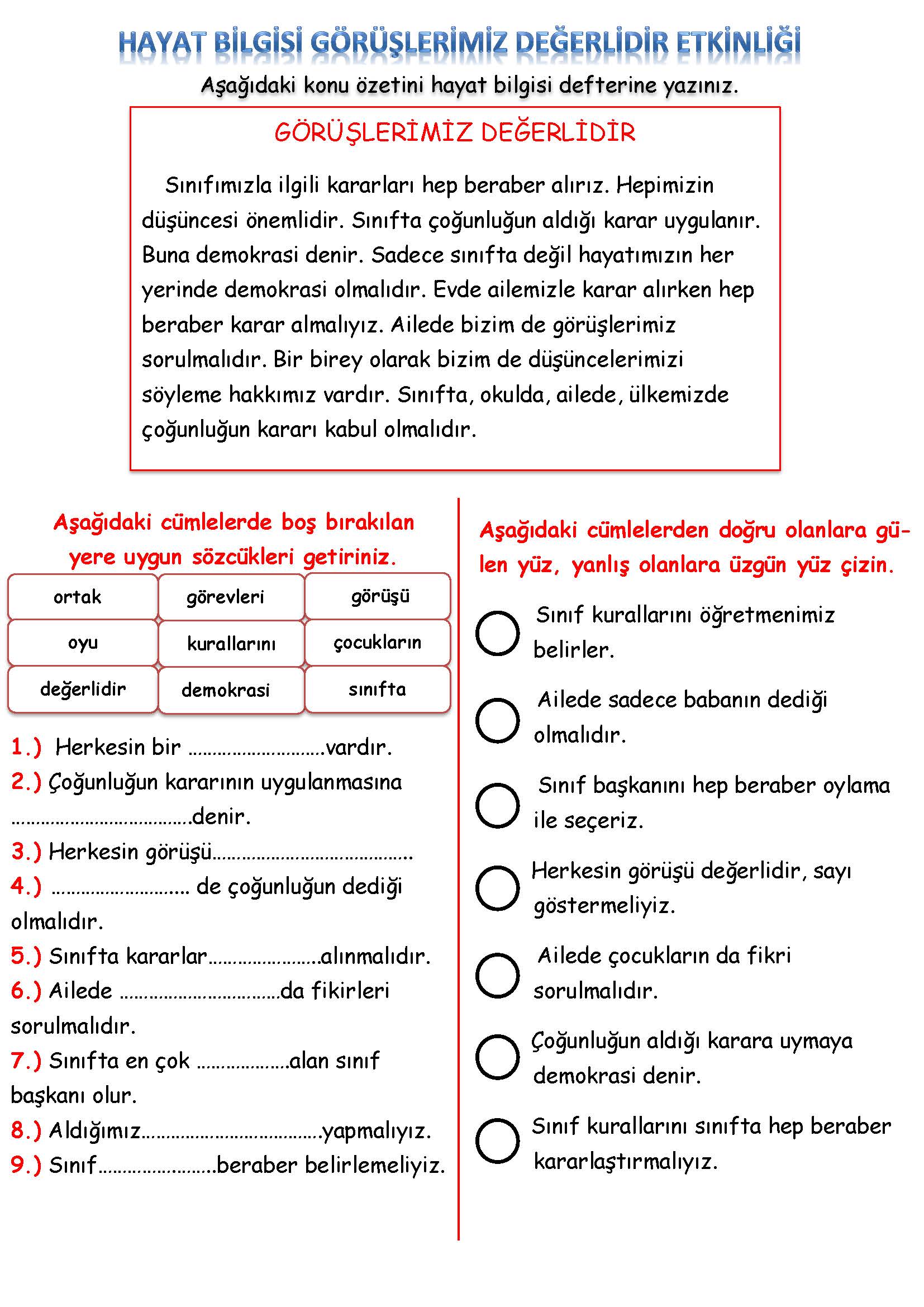 2. Sınıf Hayat Bilgisi Görüşlerim Değerlidir Etkinliği