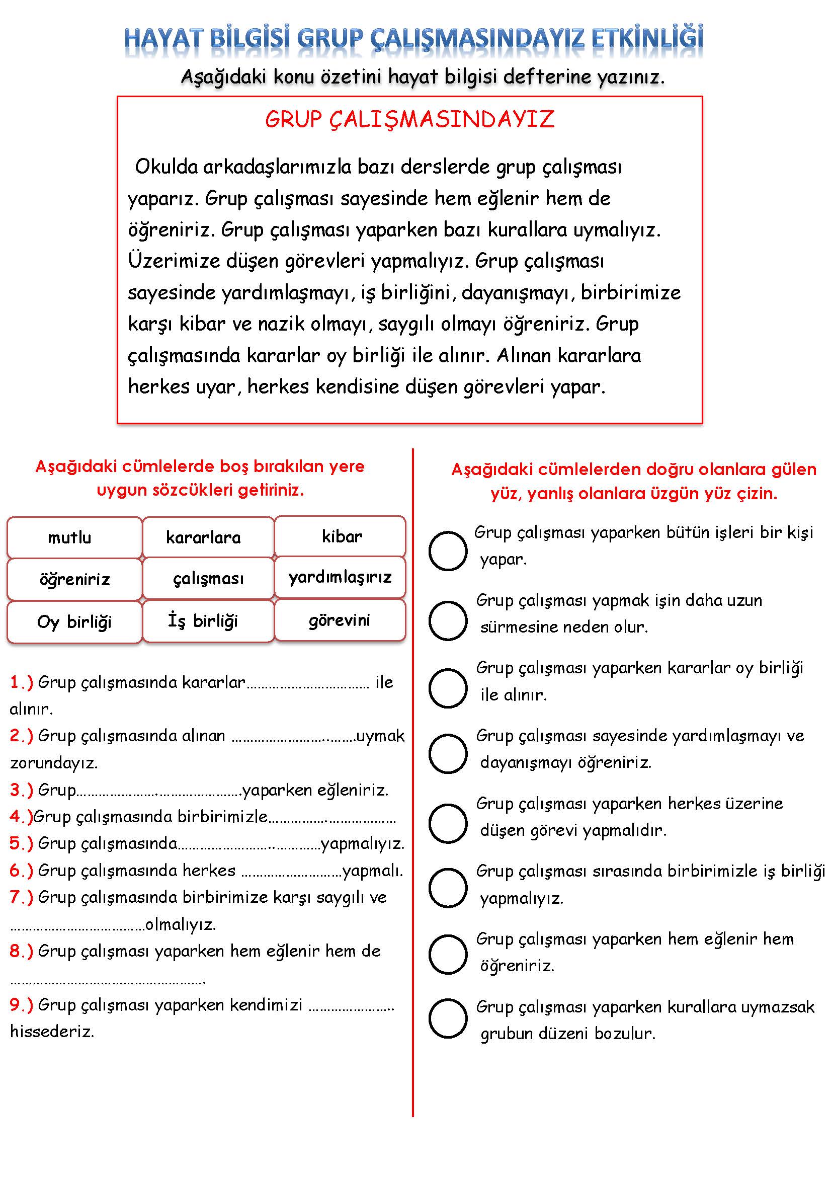 2. Sınıf Hayat Bilgisi Grup Çalışmasındayız Etkinliği