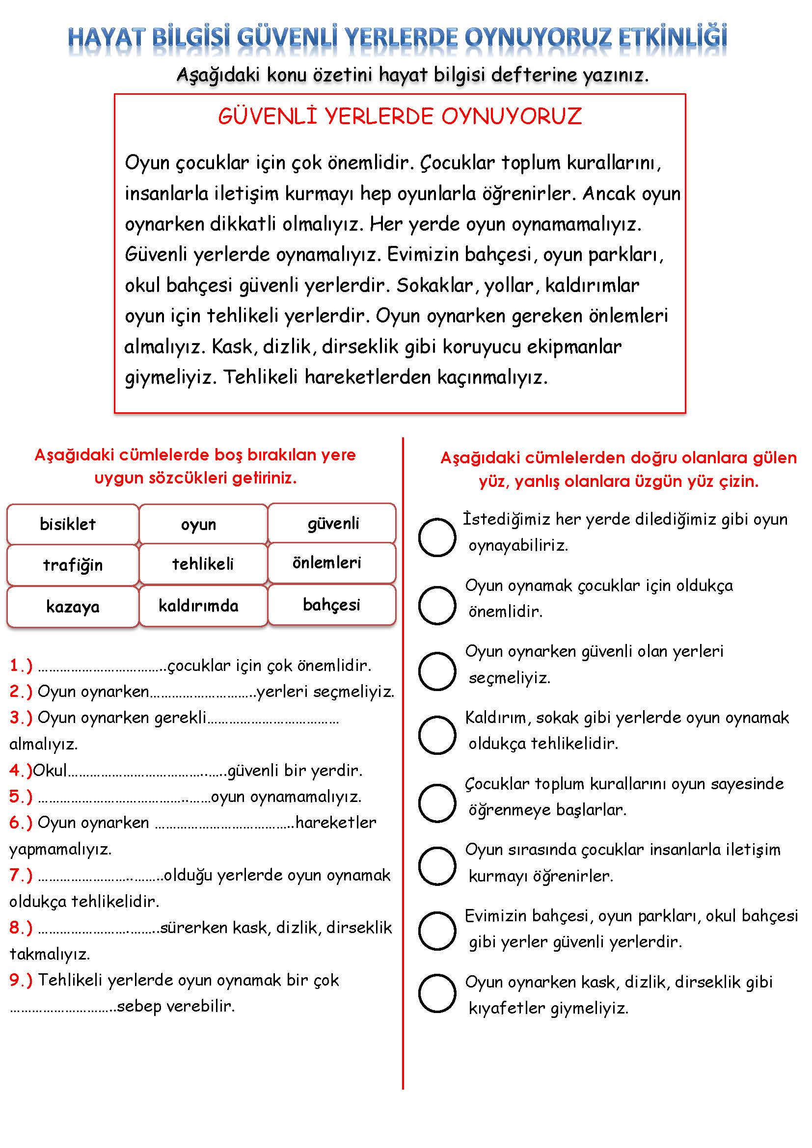 2. Sınıf Hayat Bilgisi Güvenli Yerlerde Oynuyoruz Etkinliği