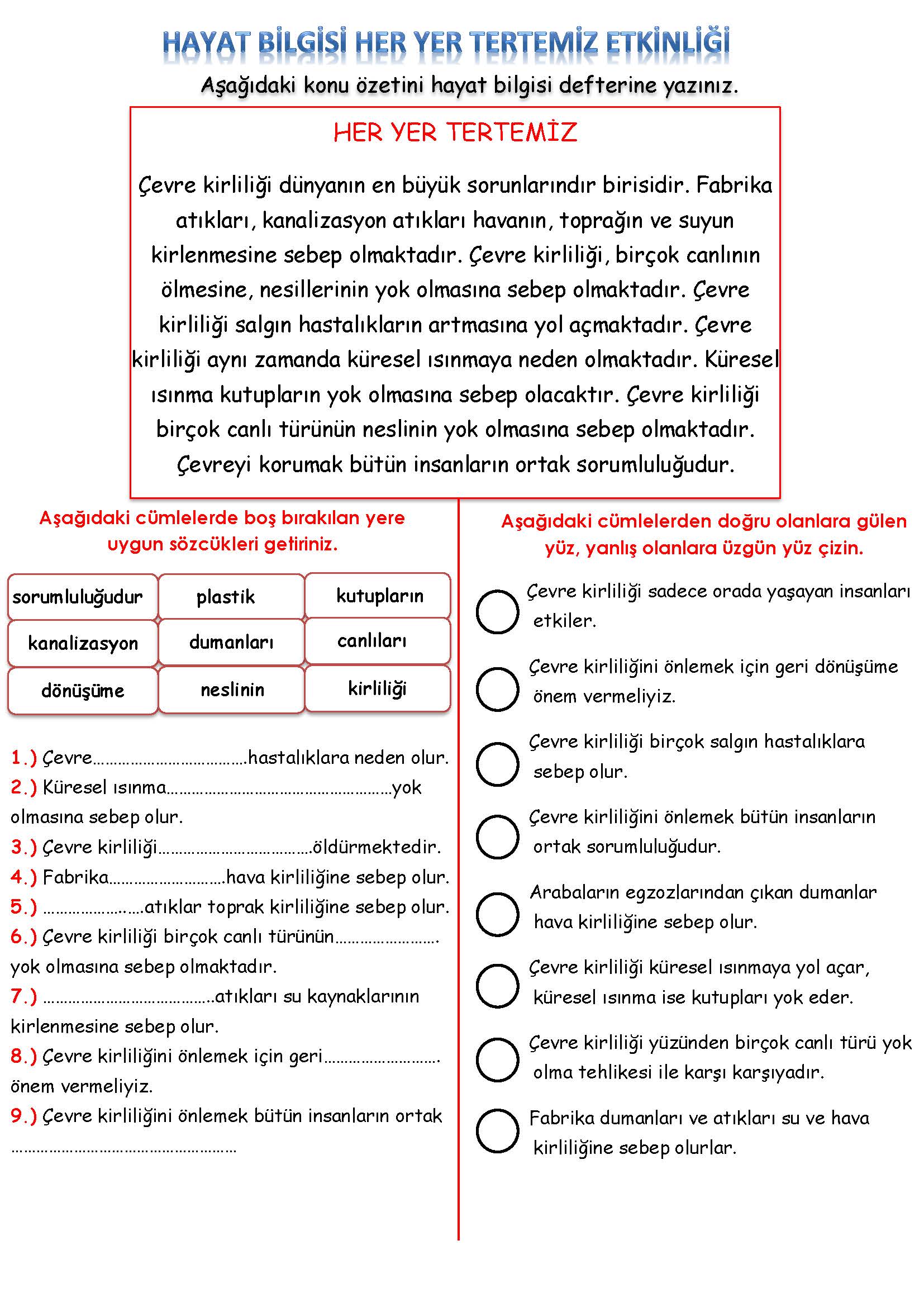 2. Sınıf Hayat Bilgisi Her Yer Tertemiz Etkinliği