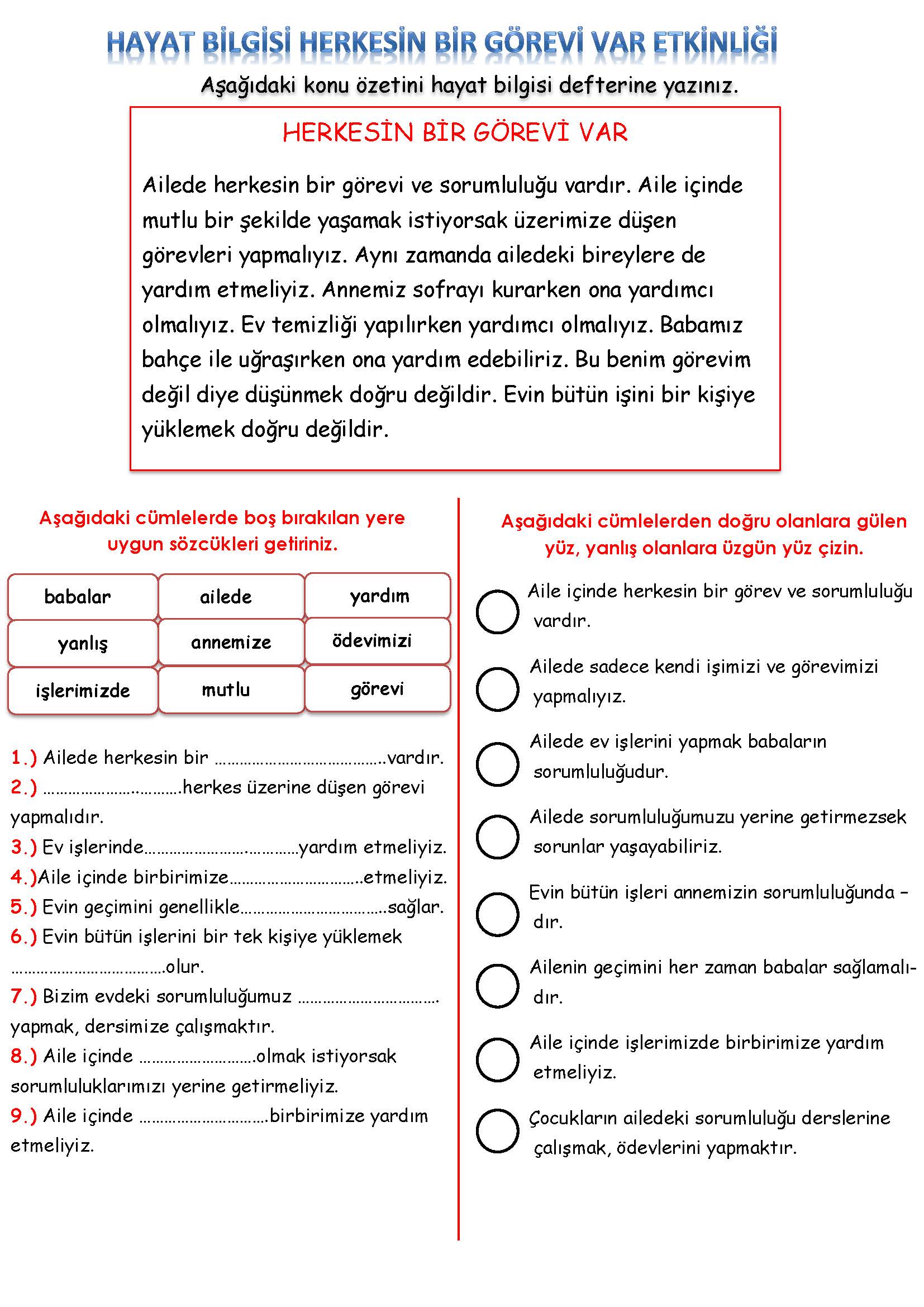 2. Sınıf Hayat Bilgisi Herkesin Bir Görevi Var Etkinliği