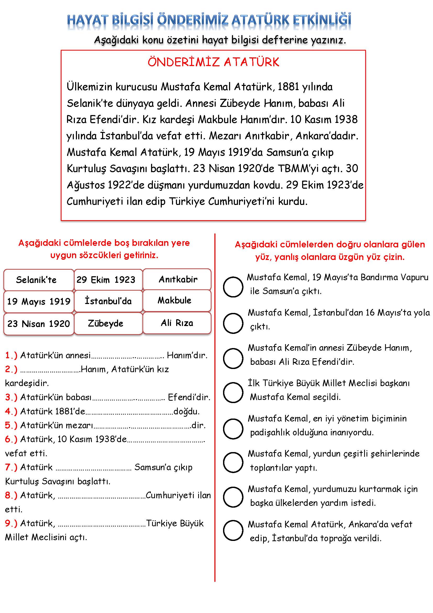 2. Sınıf Hayat Bilgisi Önderimiz Atatürk Etkinliği