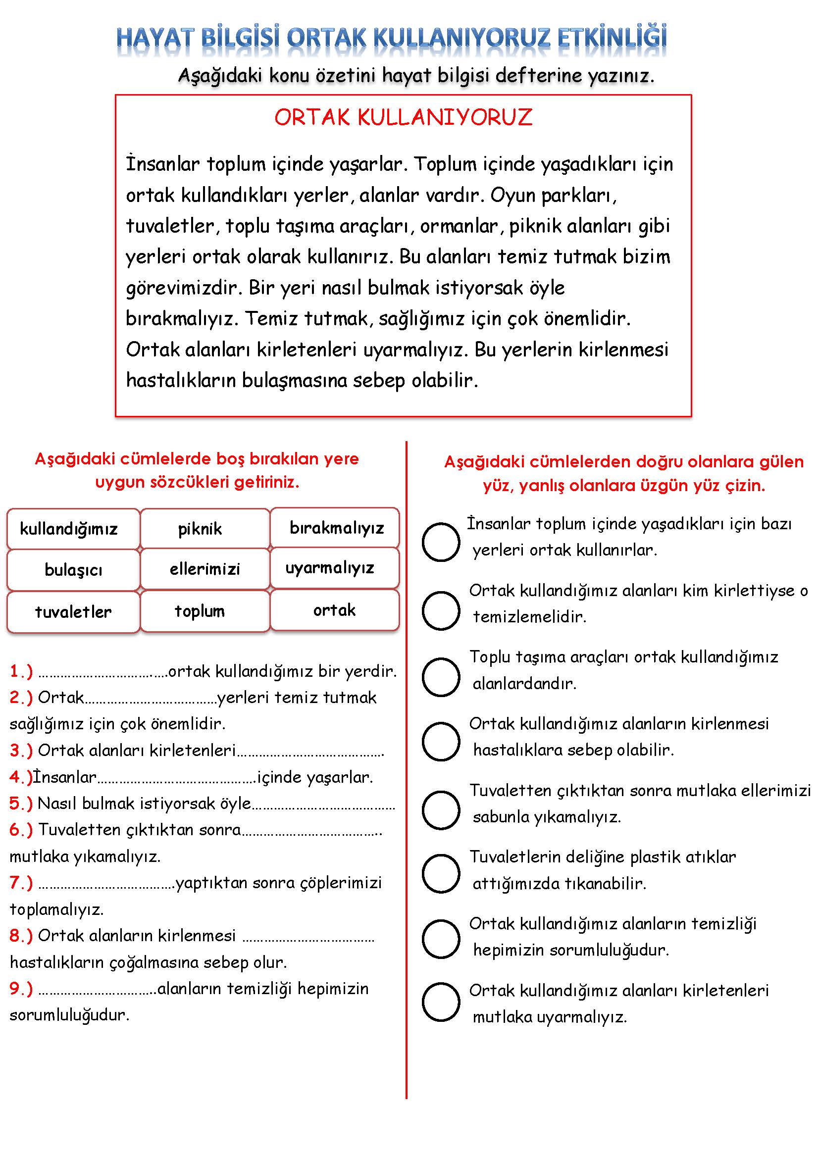 2. Sınıf Hayat Bilgisi Ortak Kullanıyoruz Etkinliği