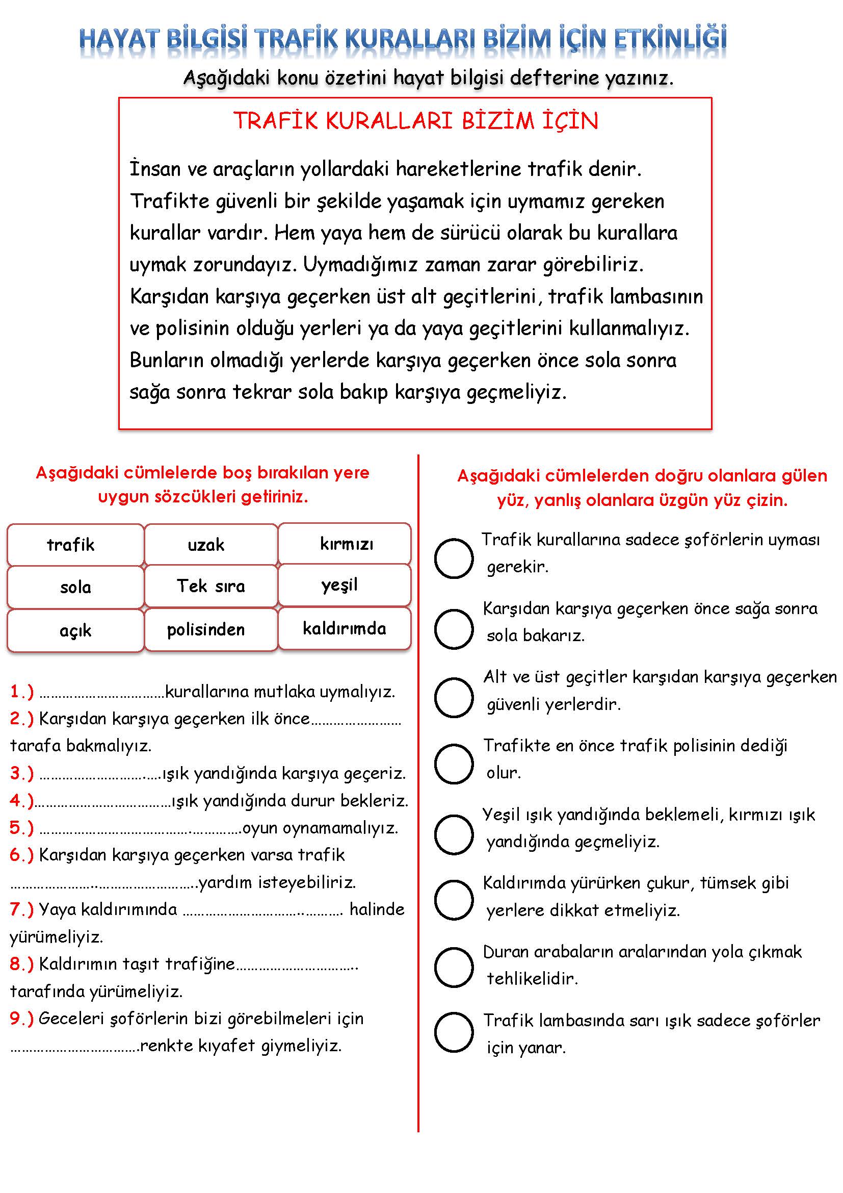 2. Sınıf Hayat Bilgisi Trafik Kuralları Bizim İçin Etkinliği