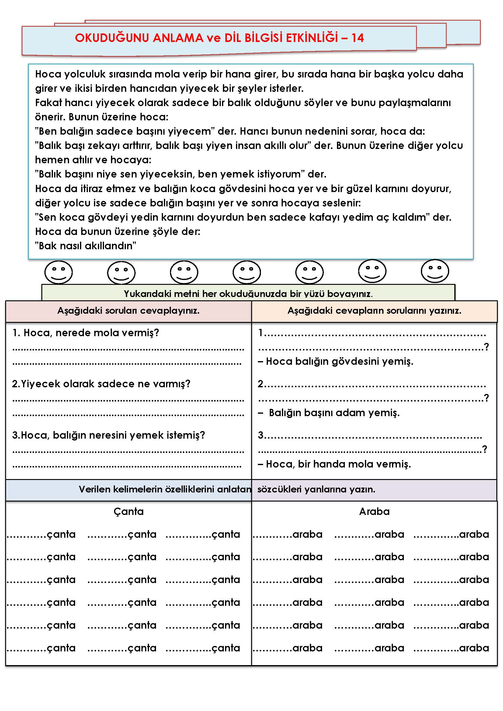 2. Sınıf Türkçe Okuduğunu Anlama ve Dil Bilgisi Etkinliği-14