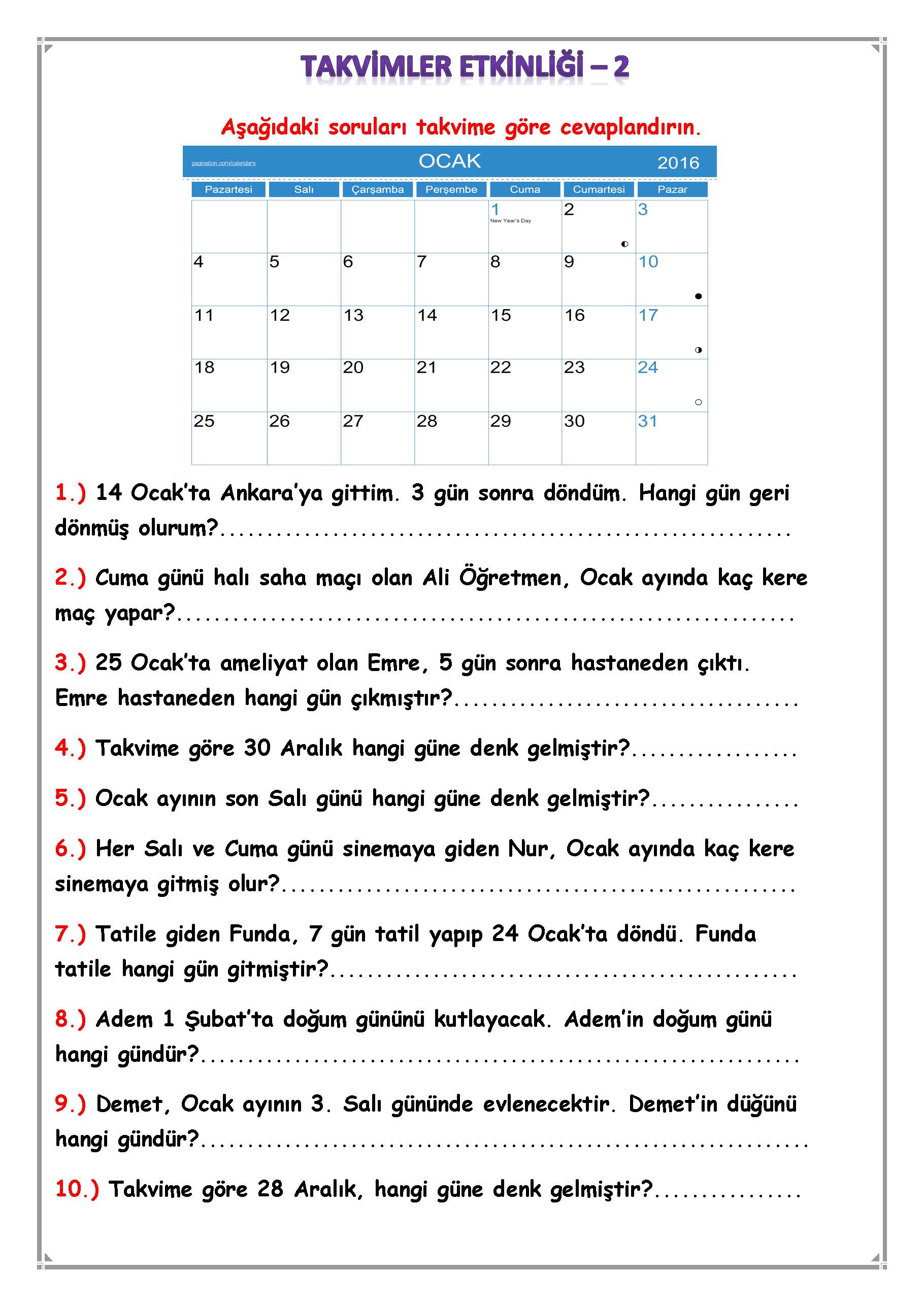 1. Sınıf Matematik Takvimler Etkinliği-2