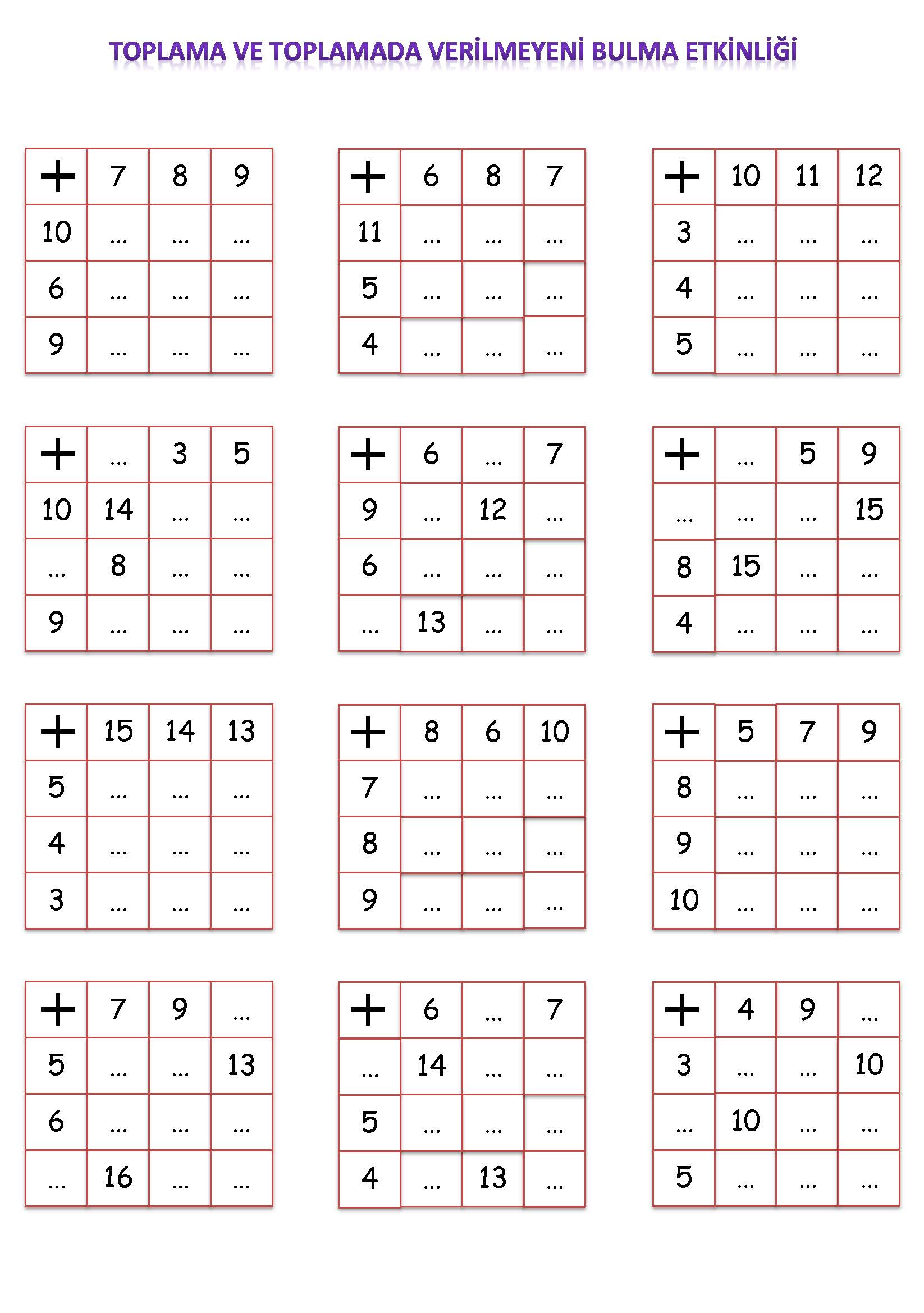 1. Sınıf Matematik Toplama İşleminde Verilmeyeni Bulma