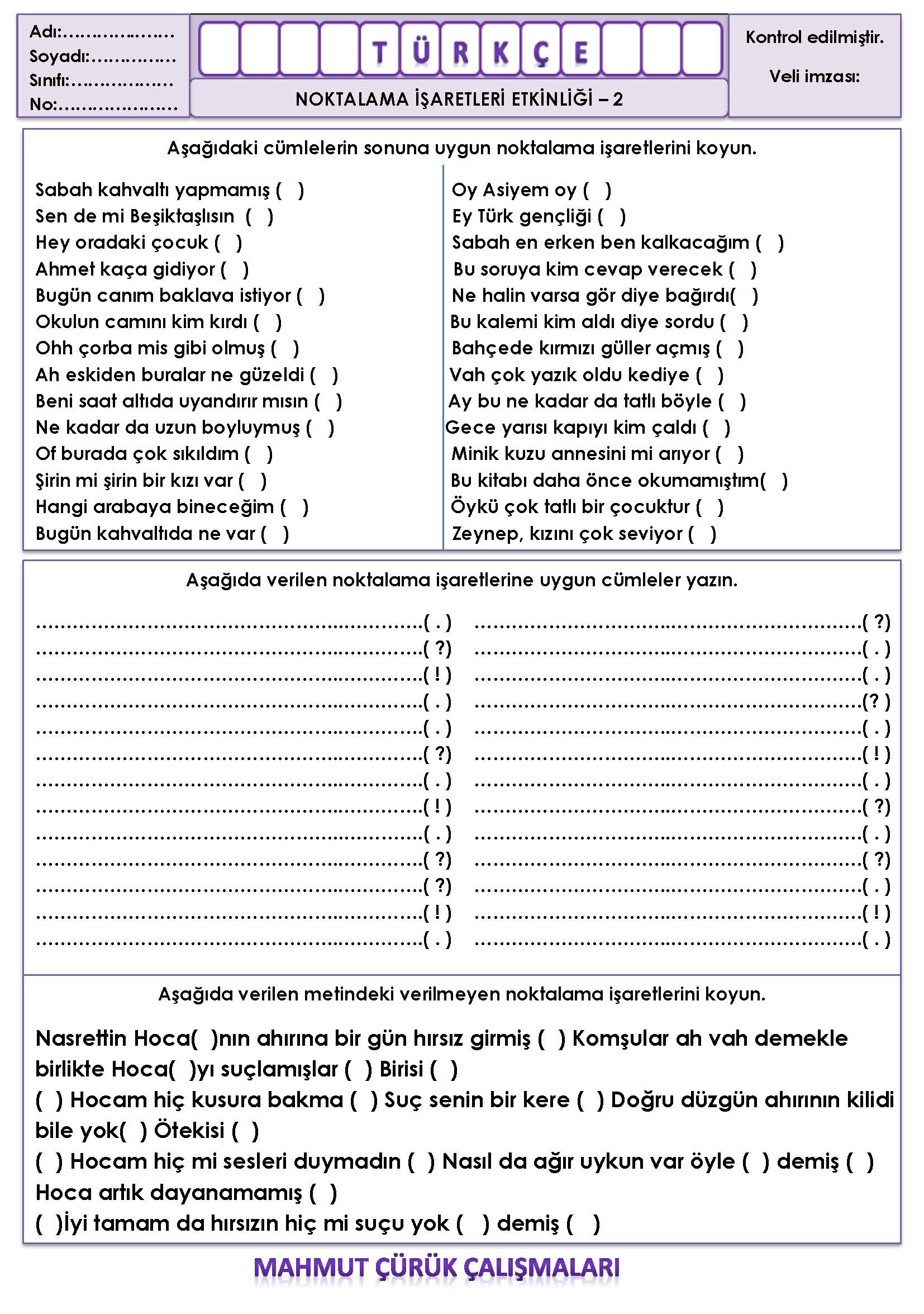 2. Sınıf Türkçe Noktalama İşaretleri Etkinliği-2