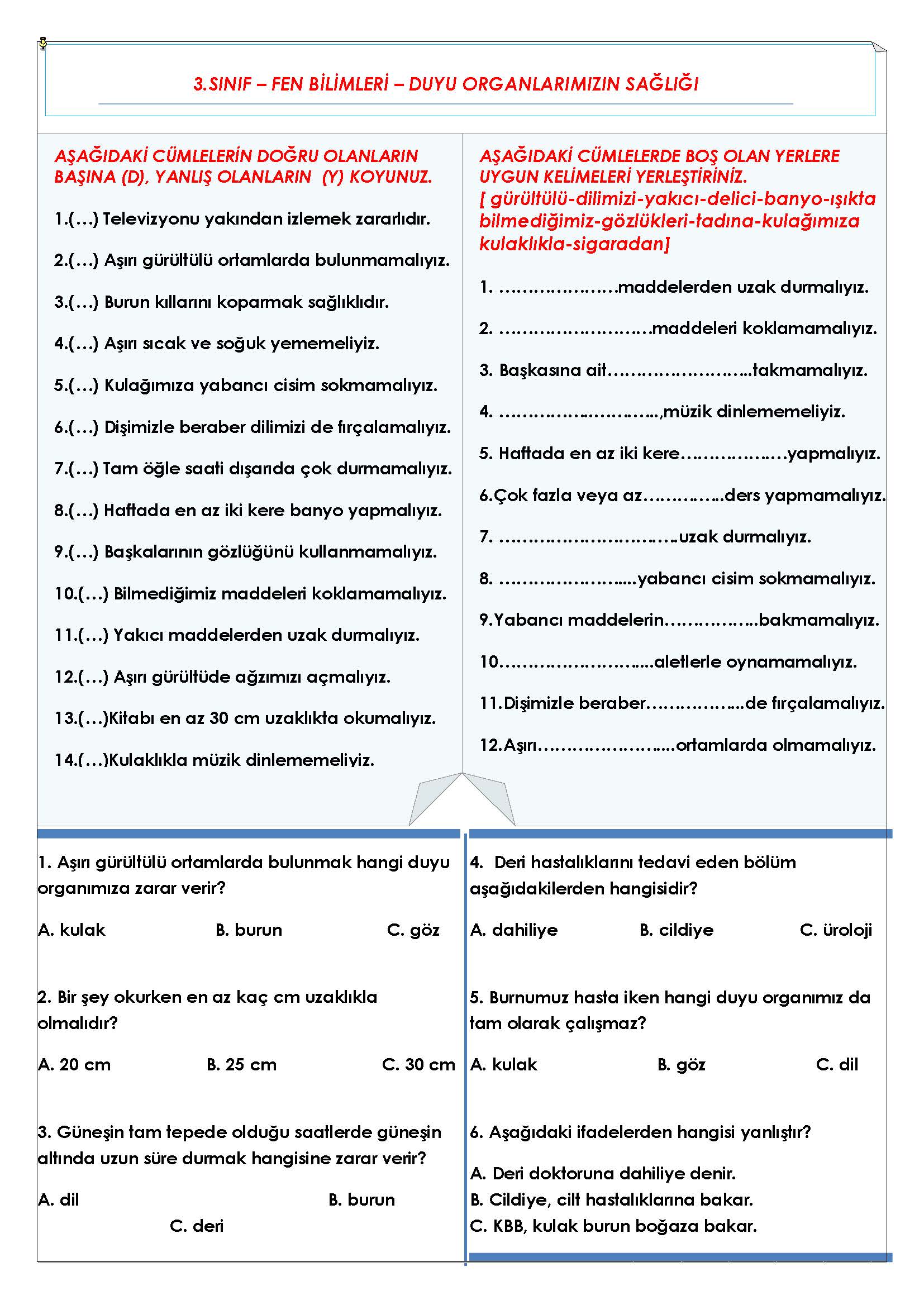 3. Sınıf Fen Bilimleri Duyu Organlarının Sağlığı Etkinliği