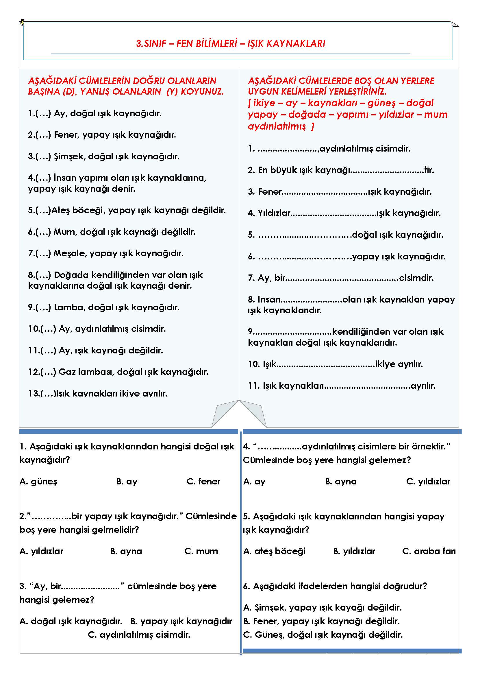 3. Sınıf Fen Bilimleri - Işık Kaynakları Etkinliği