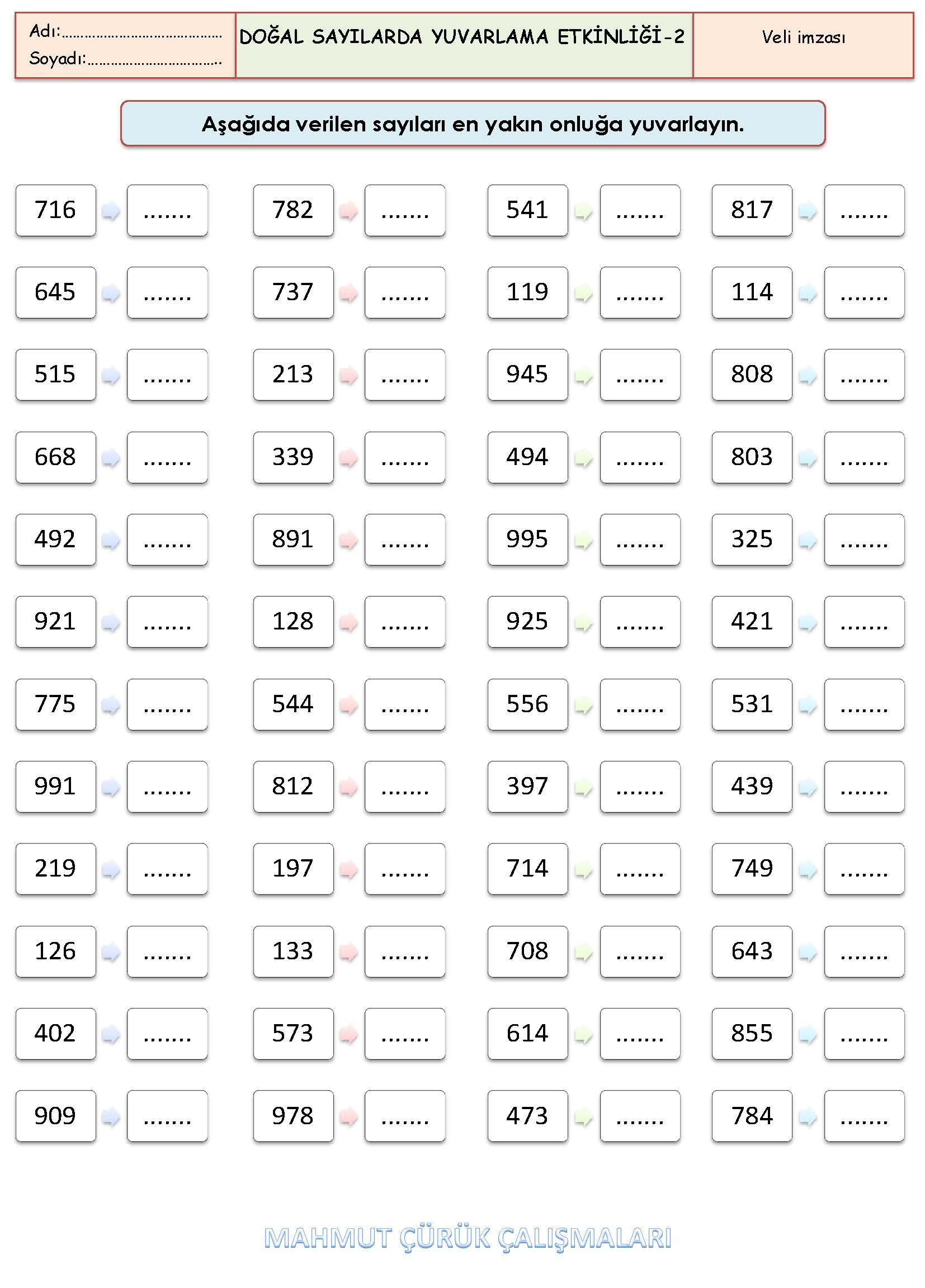 3. Sınıf Matematik Doğal Sayılarda Yuvarlama Etkinliği-2