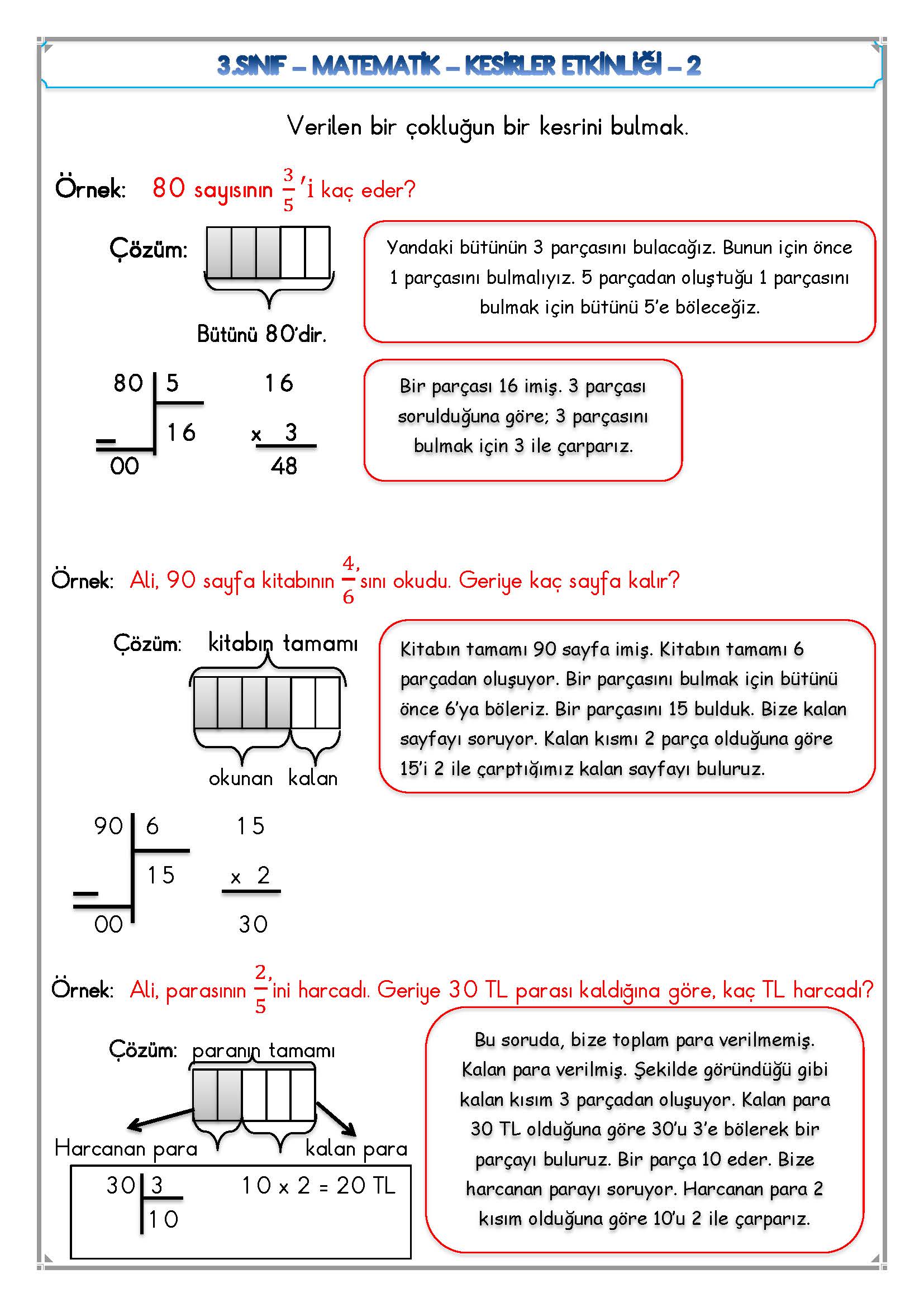 3. Sınıf Matematik Kesirler Etkinliği- 2