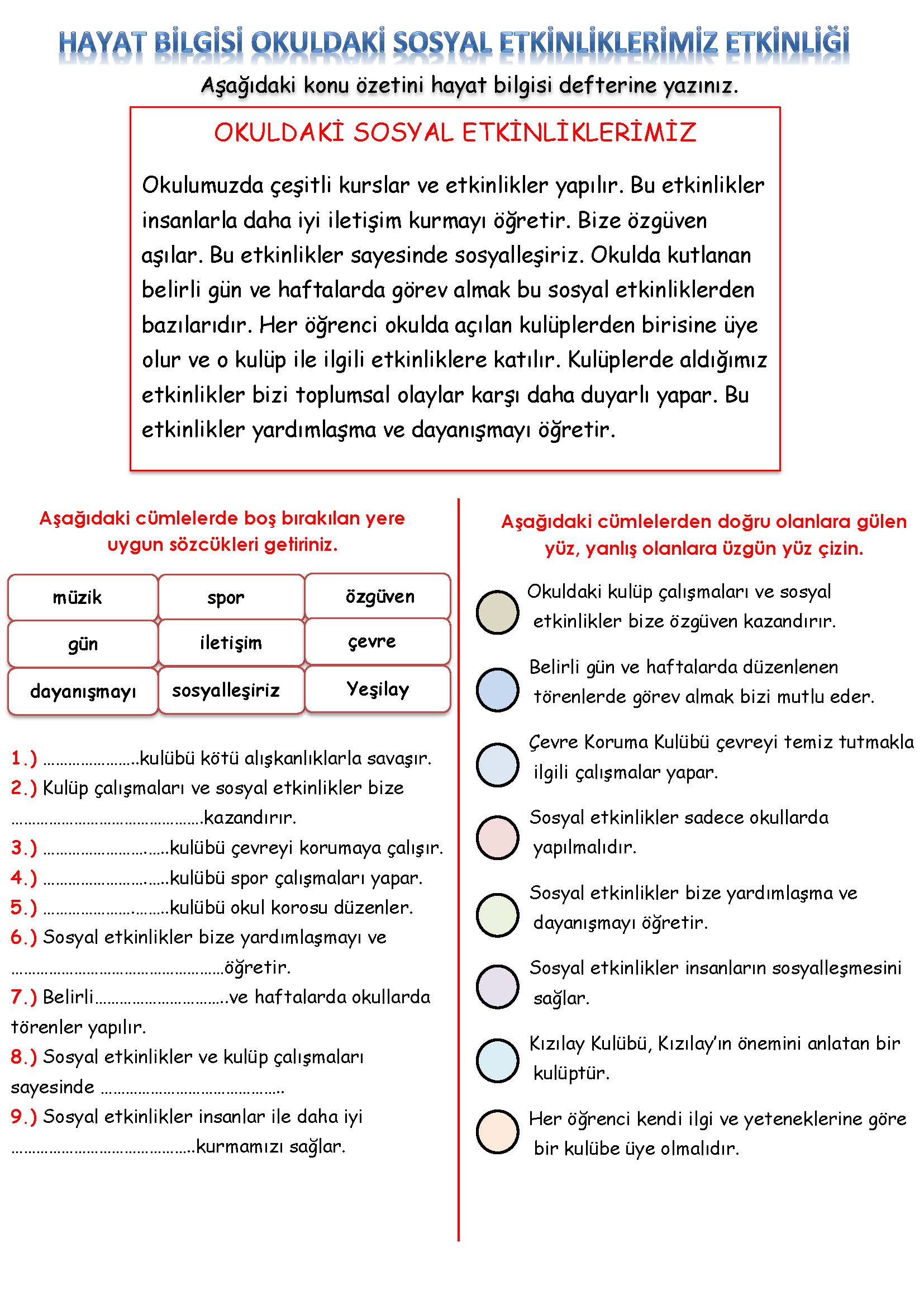 3. Sınıf Hayat Bilgisi Okuldaki Sosyal Etkinliklerimiz Etkinliği