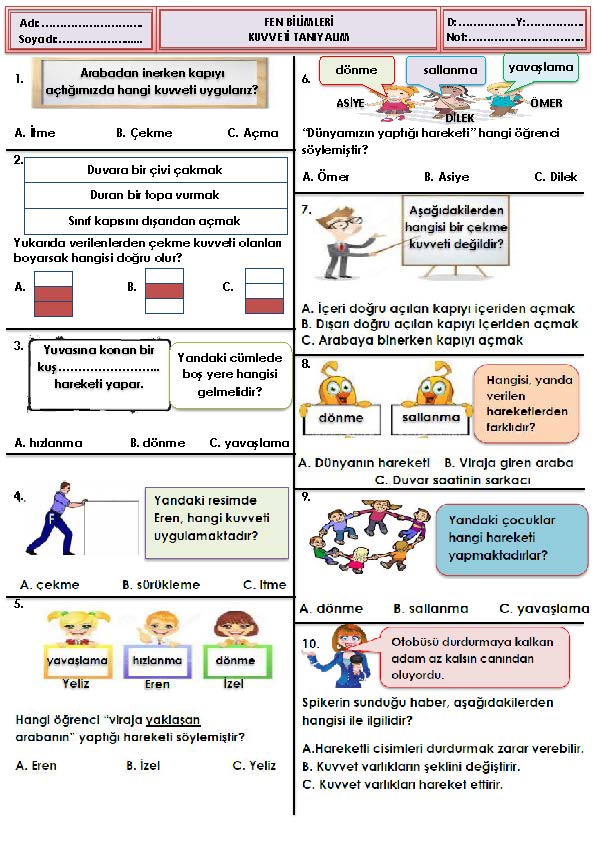 3. Sınıf Fen Bilimleri Kuvveti Tanıyalım Testi