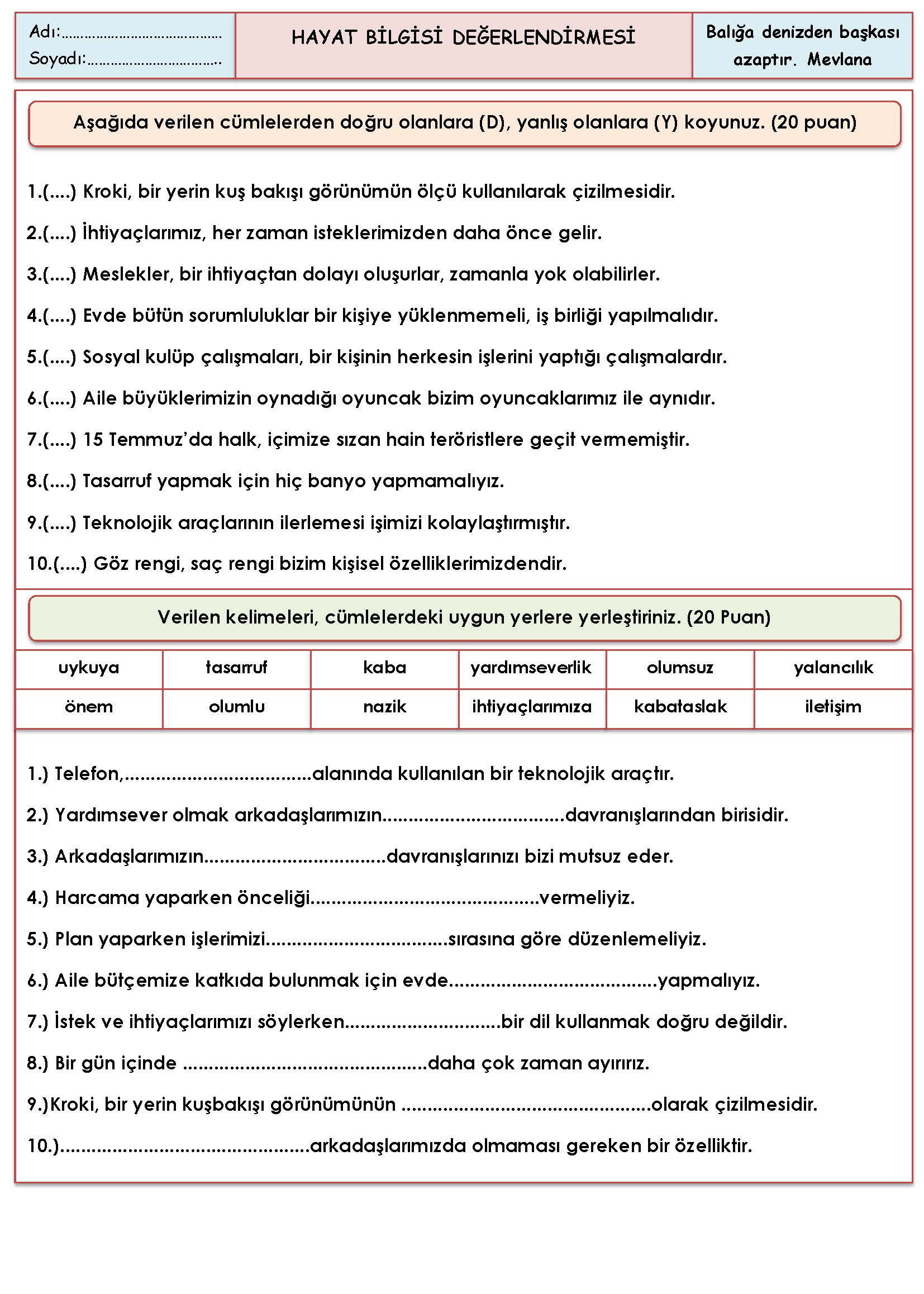 3. Sınıf Hayat Bilgisi Değerlendirmesi-1
