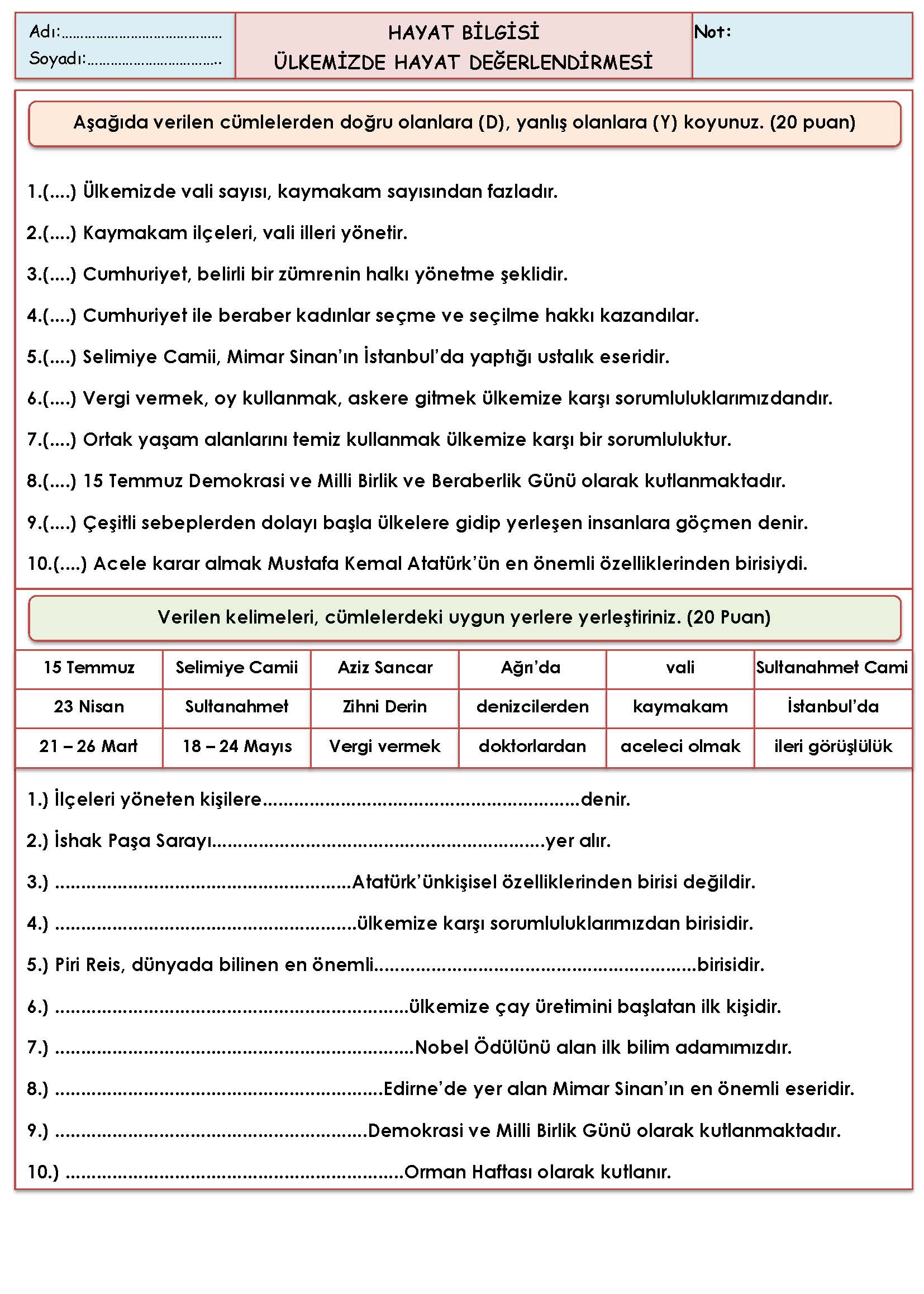 3. Sınıf Hayat Bilgisi Ülkemizde Hayat Değerlendirmesi
