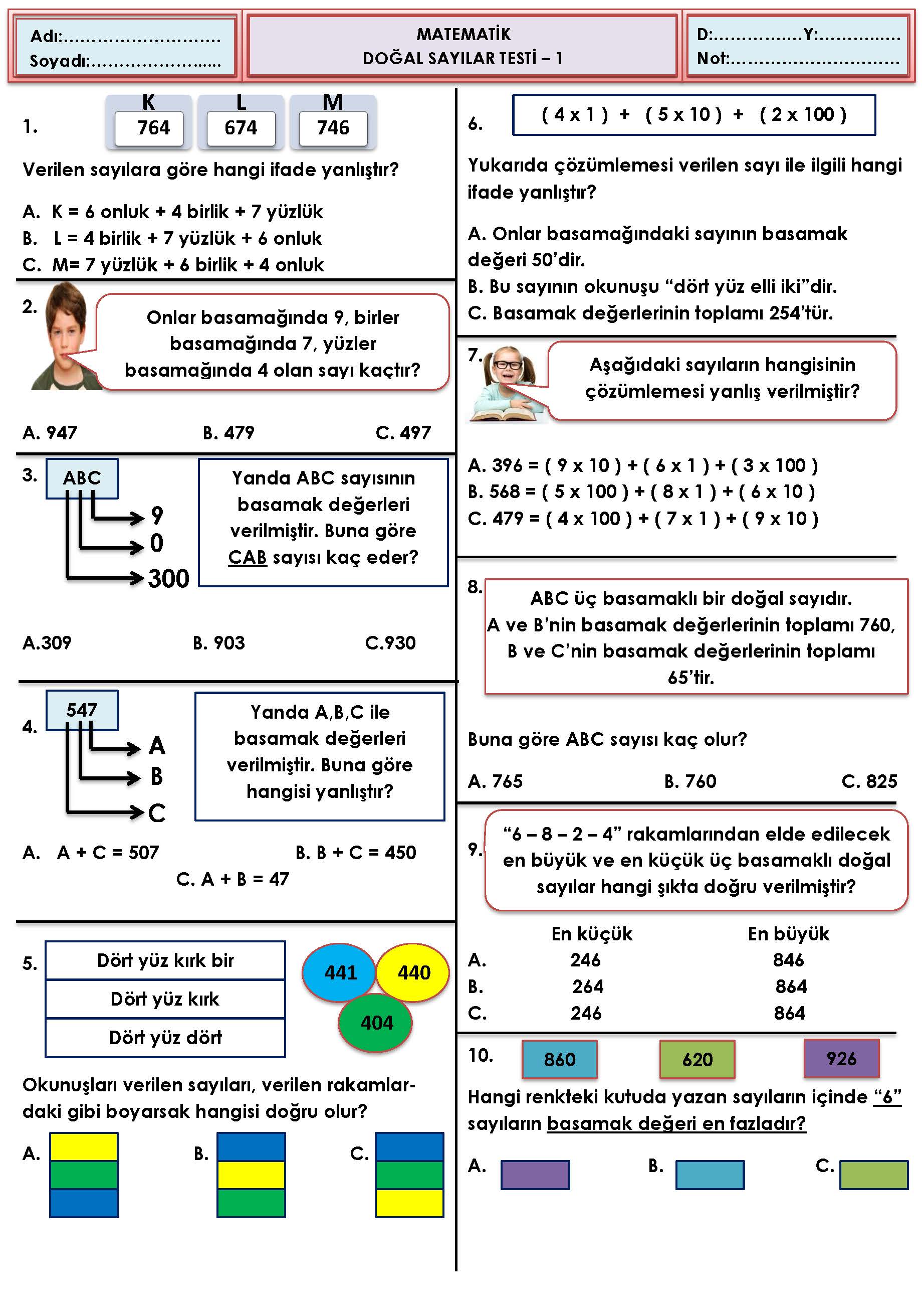 3. Sınıf Matematik Doğal Sayılar Testi-1