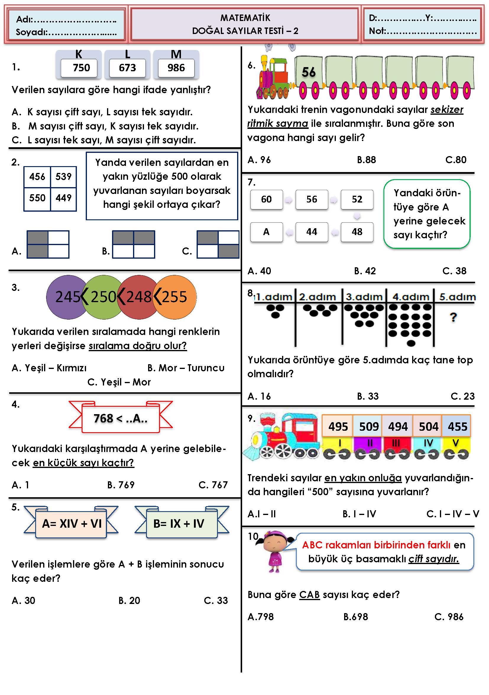 3. Sınıf Matematik Doğal Sayılar Testi-2