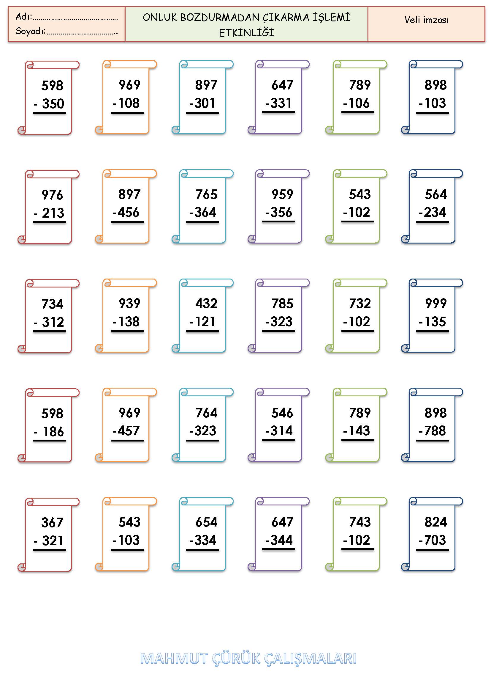 3. Sınıf Matematik Onluk Bozdurmadan Çıkarma İşlemi Etkinliği