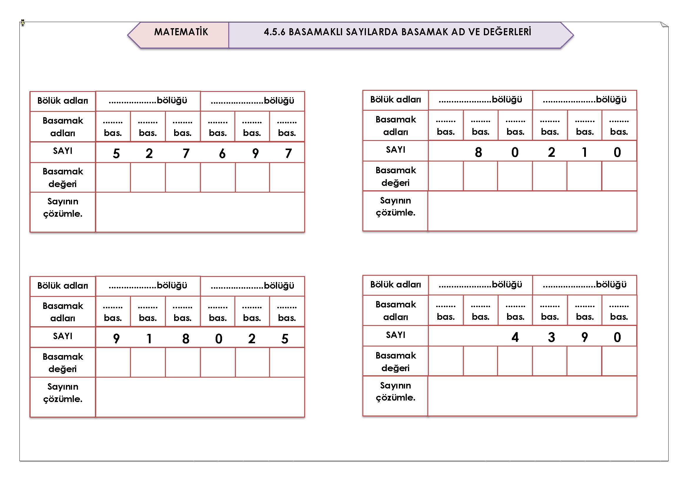 4. Sınıf Matematik 4-5-6 Basamaklı Sayılarda Basamak Ad ve Değerleri
