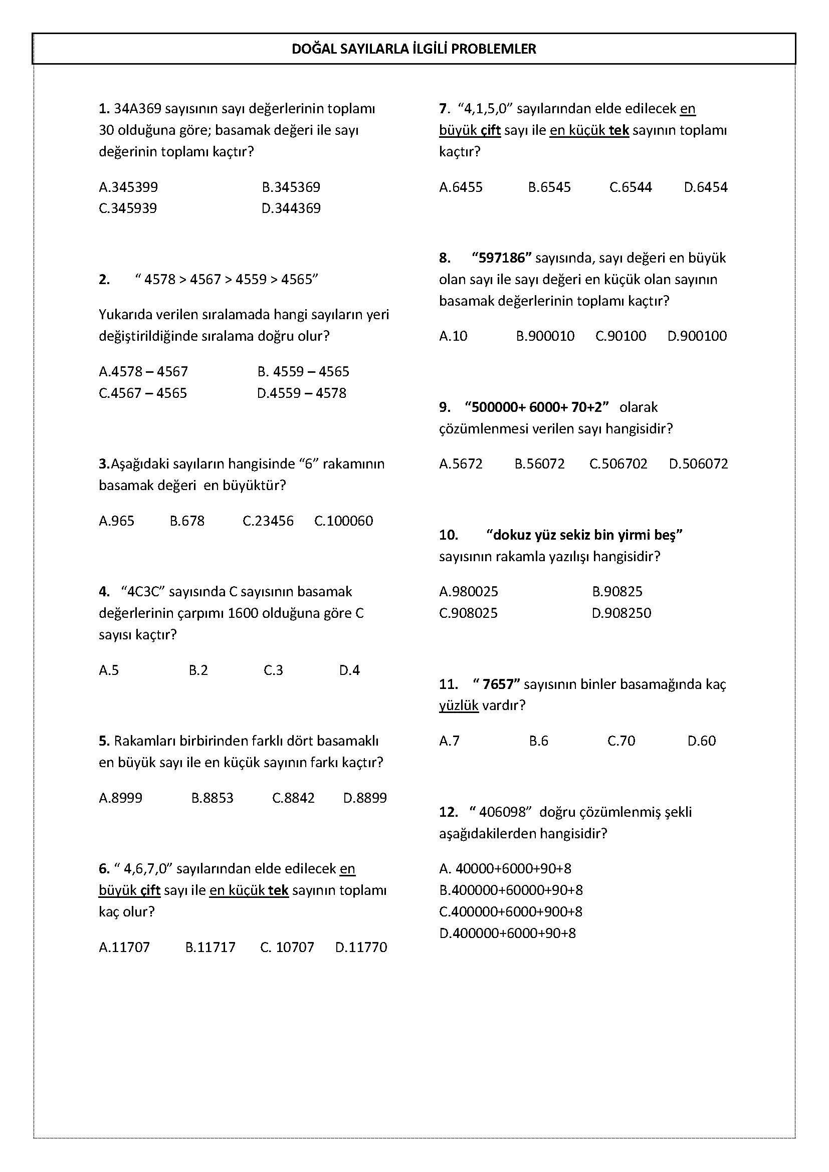 4. Sınıf Matematik Doğal Sayılar Soruları - 1