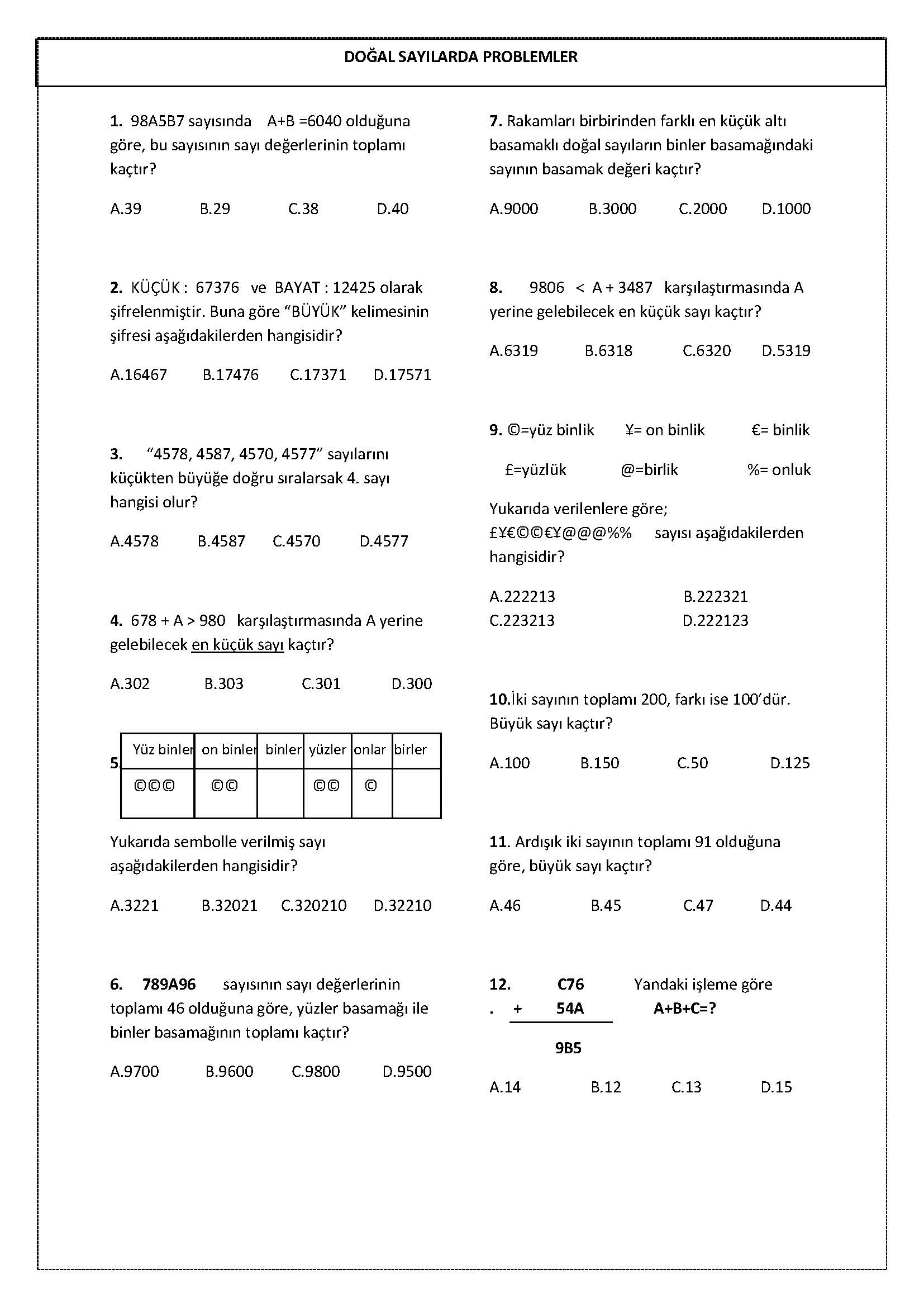 4. Sınıf Matematik Doğal Sayılar Soruları - 2