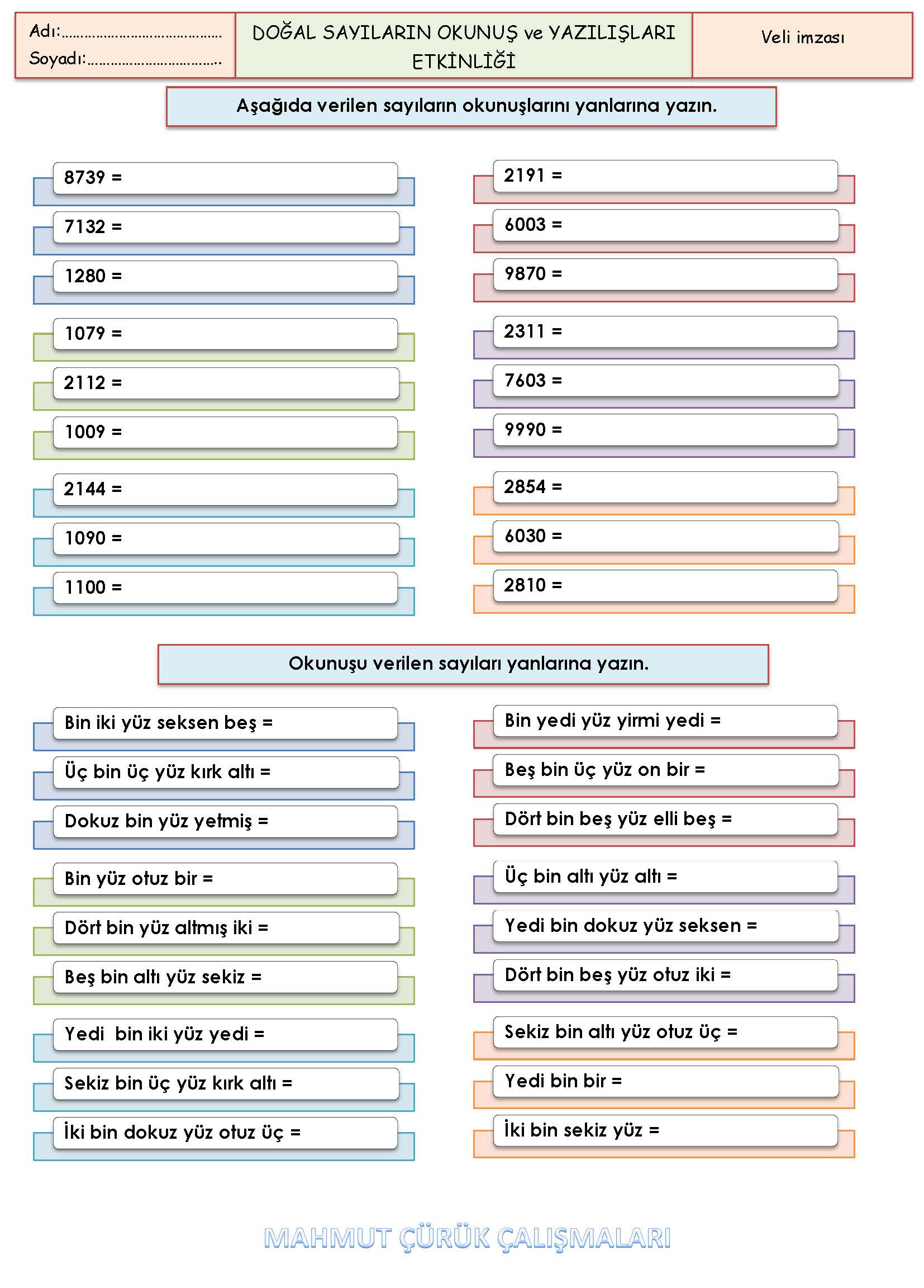 4. Sınıf Matematik Doğal Sayıların Okunuş ve Yazılışları Etkinliği