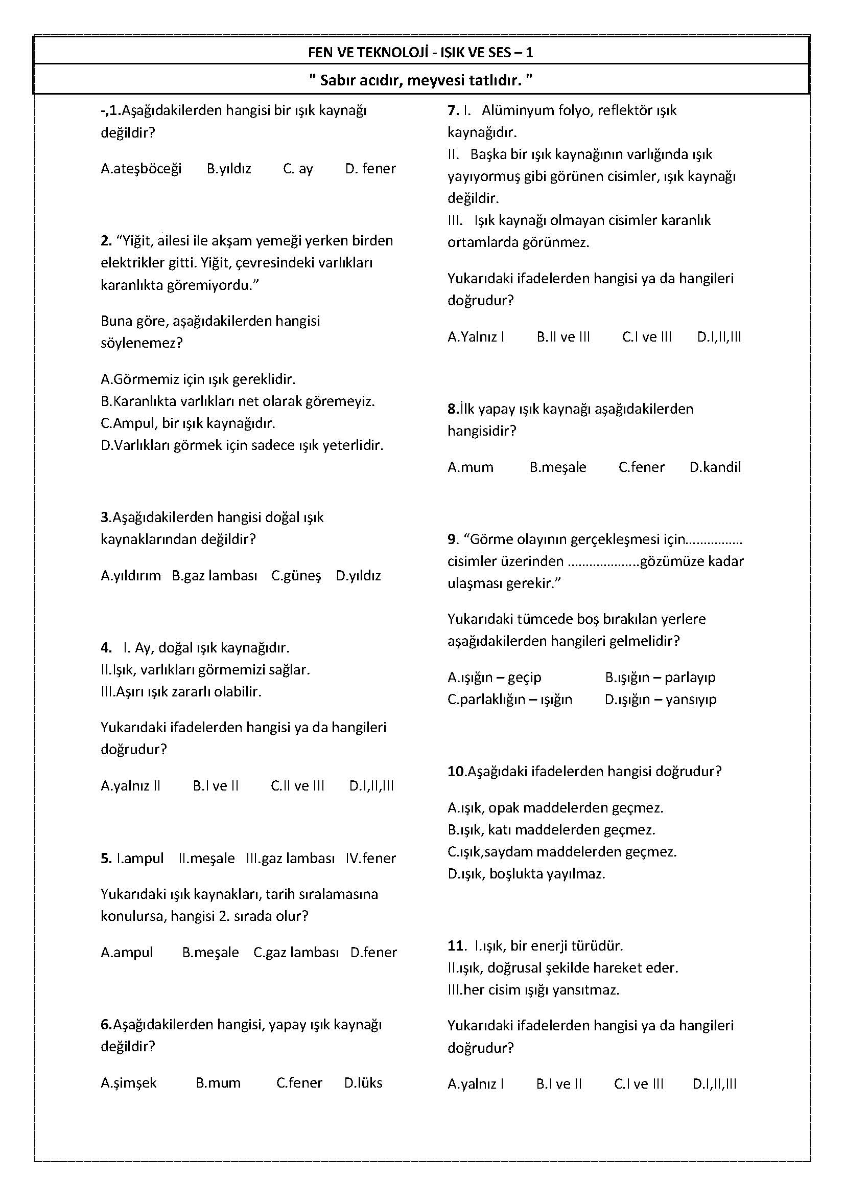 4. Sınıf Fen Bilimleri Aydınlatma ve Ses Testleri