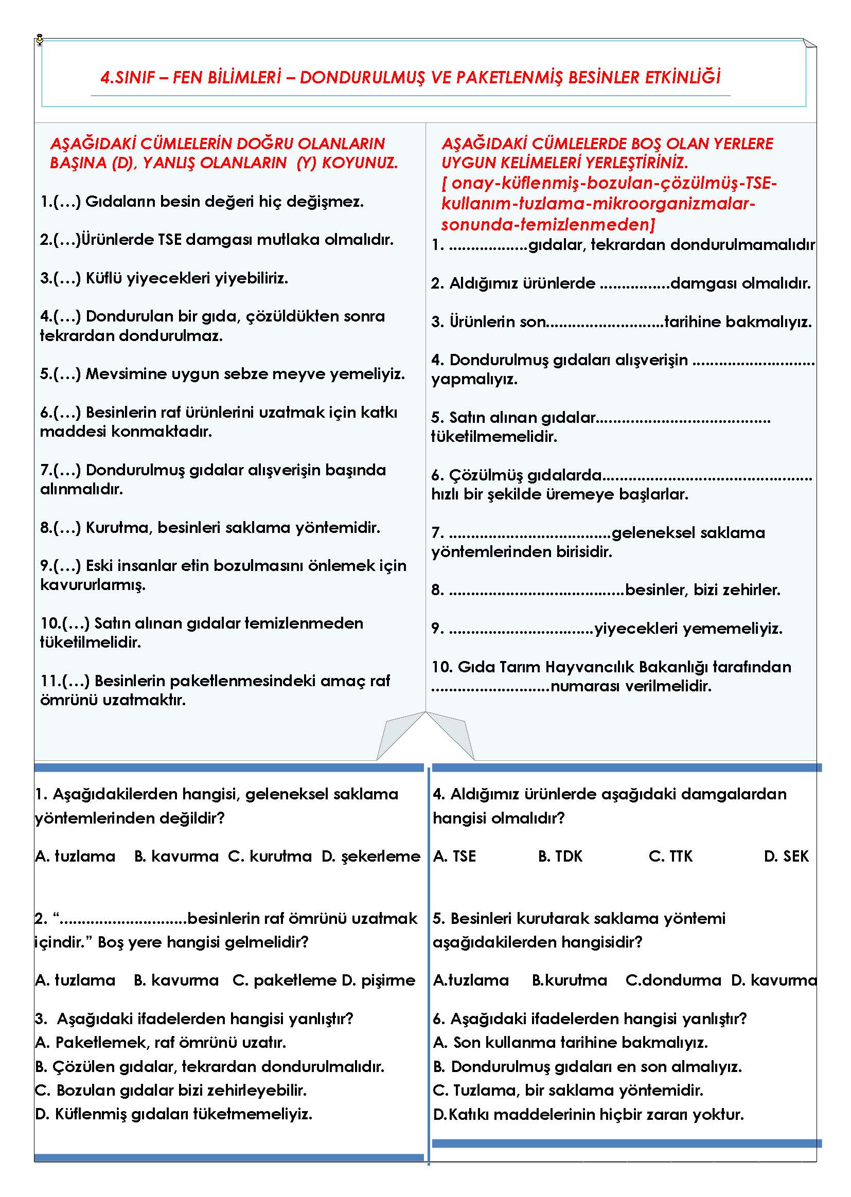 4. Sınıf Fen Bilimleri Dondurulmuş ve Paketlenmiş Besinler Etkinliği