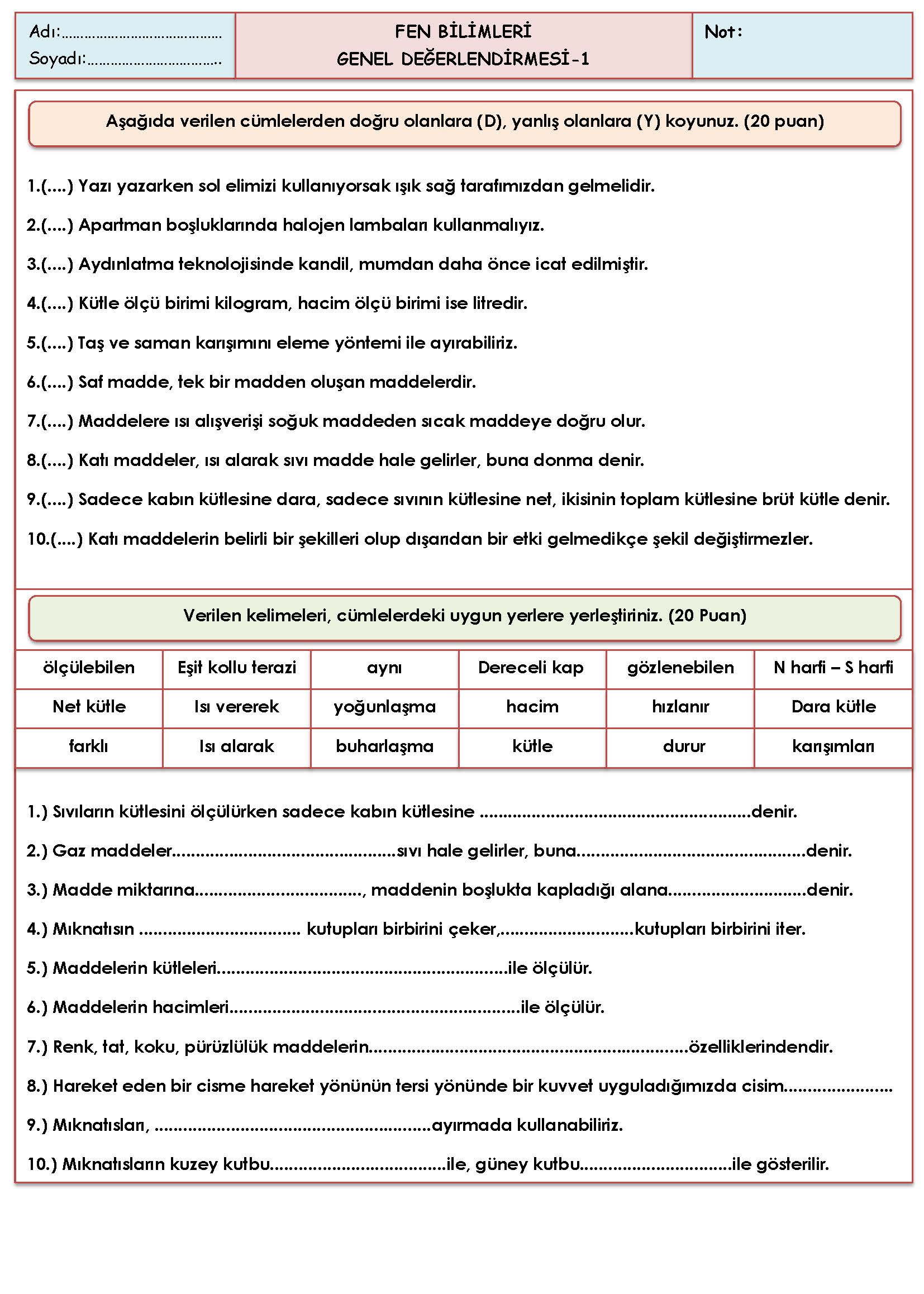 4. Sınıf Fen Bilimleri Genel Değerlendirmesi-1