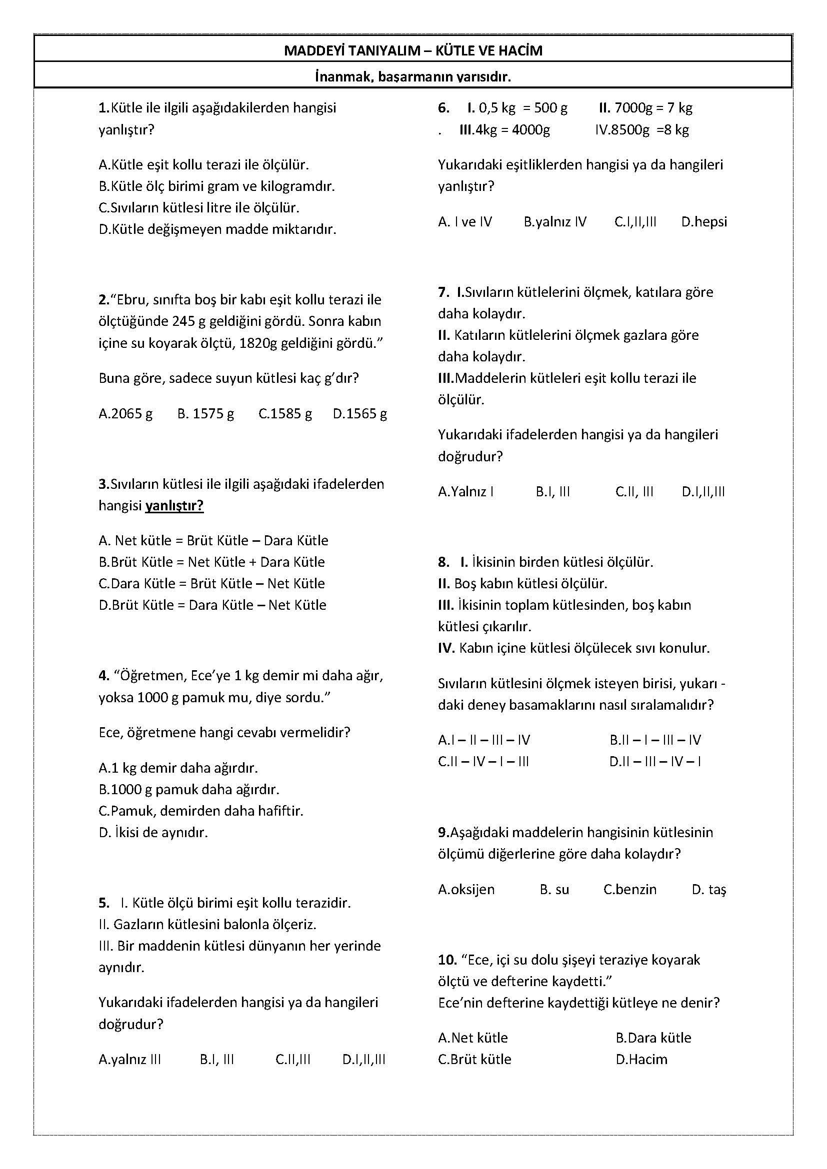4. Sınıf Fen Bilimleri Kütle ve Hacim Testi