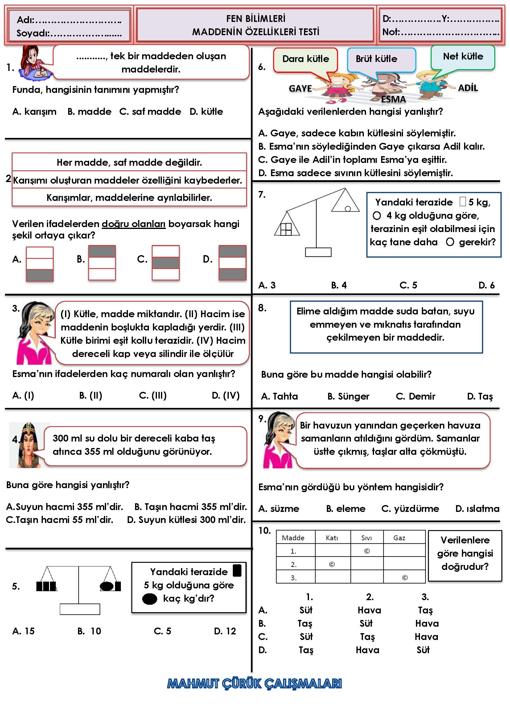 4. Sınıf Fen Bilimleri Maddenin Özellikleri Seviye Tespit Testi