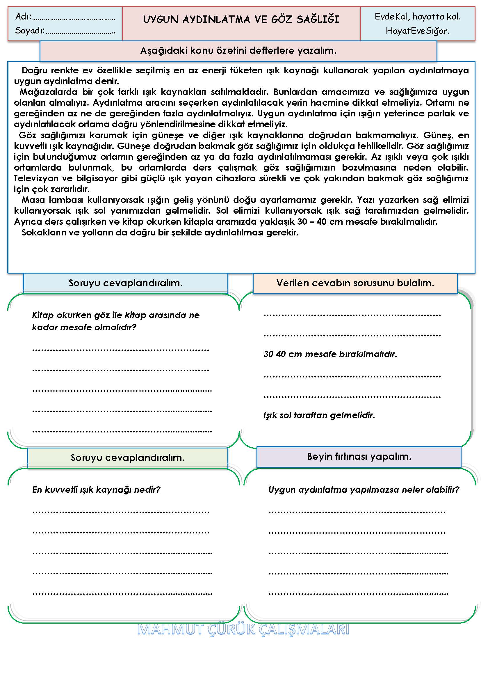 4. Sınıf Fen Bilimleri Uygun Aydınlatma ve Göz Sağlığı Konu Özeti