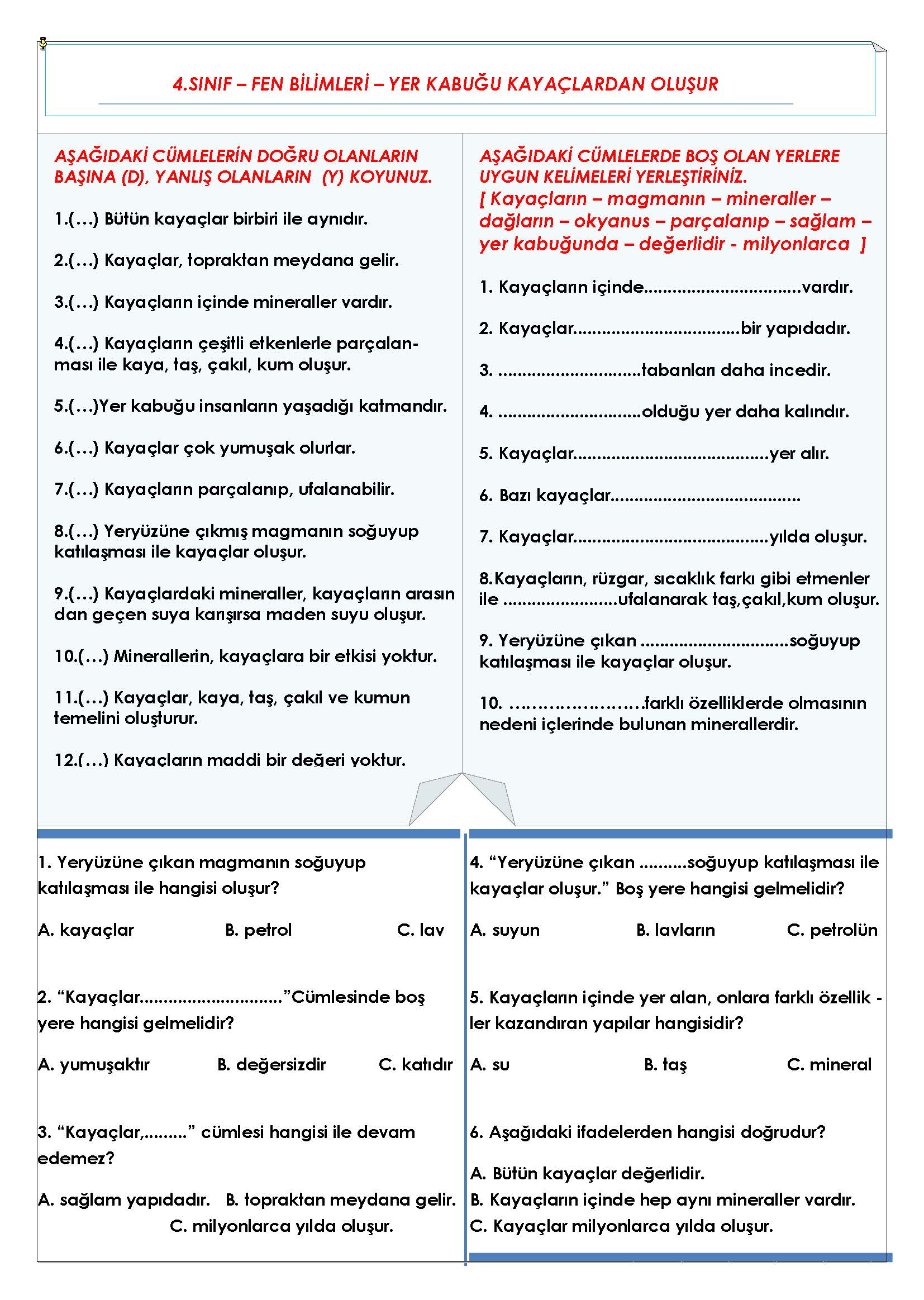 4. Sınıf Fen Bilimleri Yer Kabuğu Kayaçlardan Oluşur Etkinliği