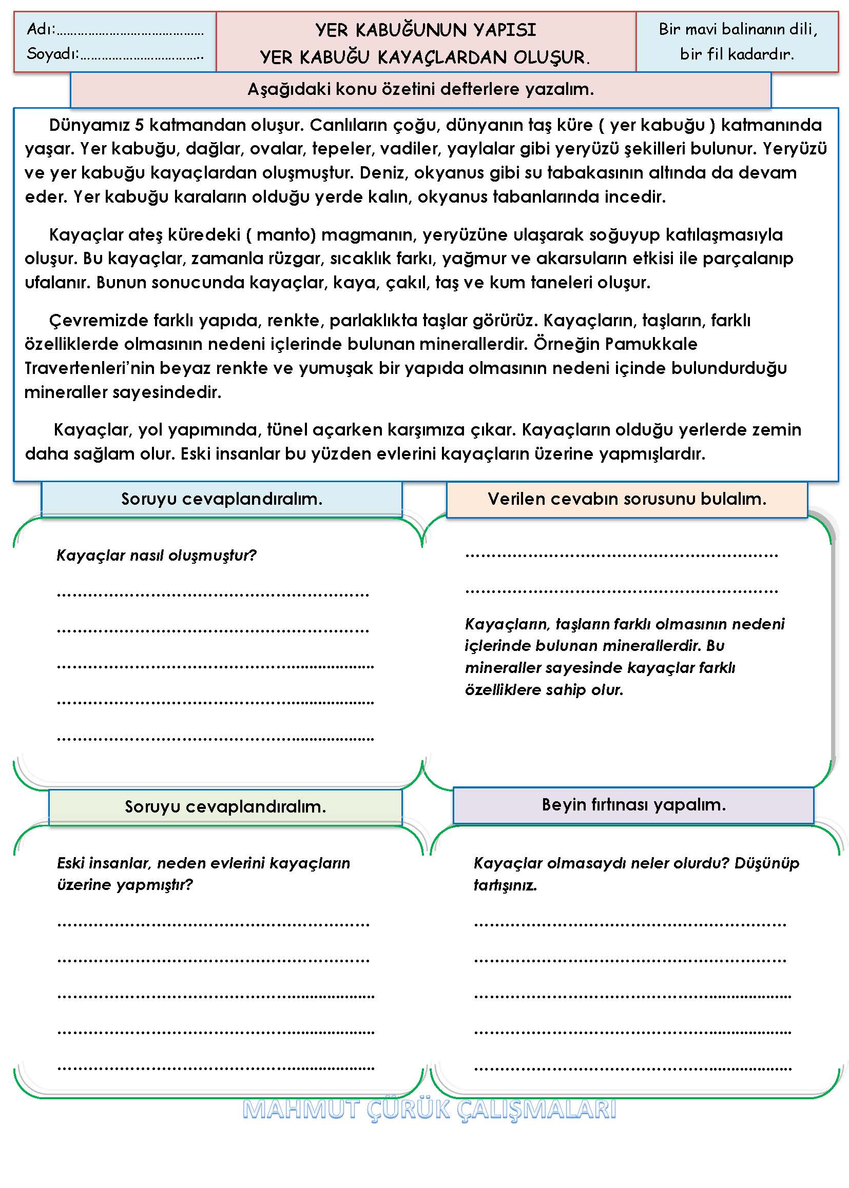 4. Sınıf Fen Bilimleri Yer Kabuğu Kayaçlardan Oluşur Konu Özeti