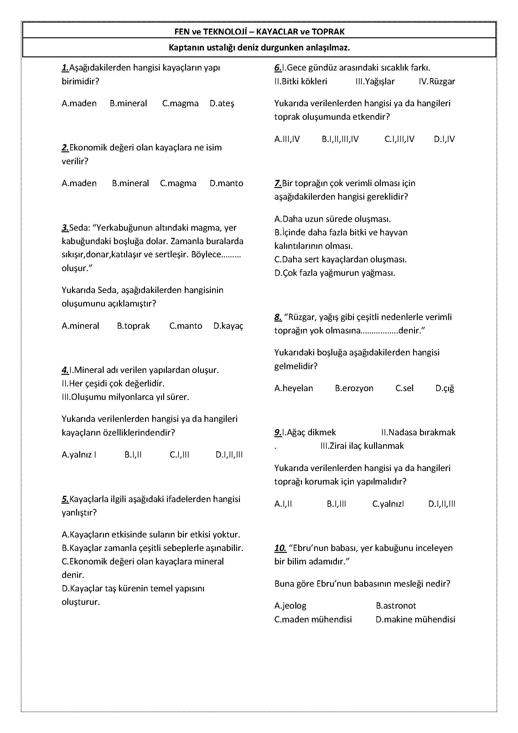 4. Sınıf Fen Bilimleri Kayaçlar ve Toprak Testi