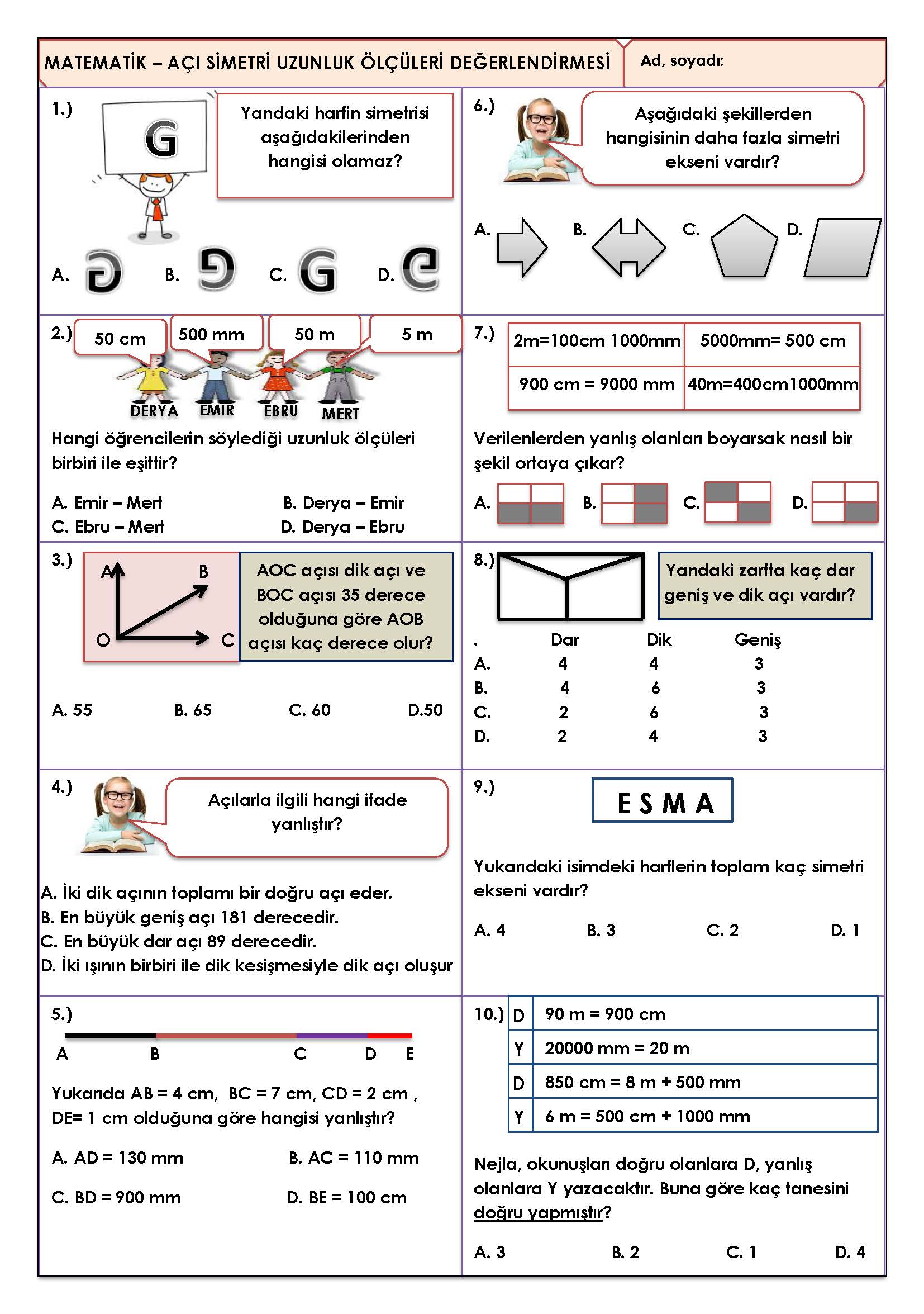 4. Sınıf Matematik Açı-Simetri- Uzunluk Ölçüleri Değerlendirmesi