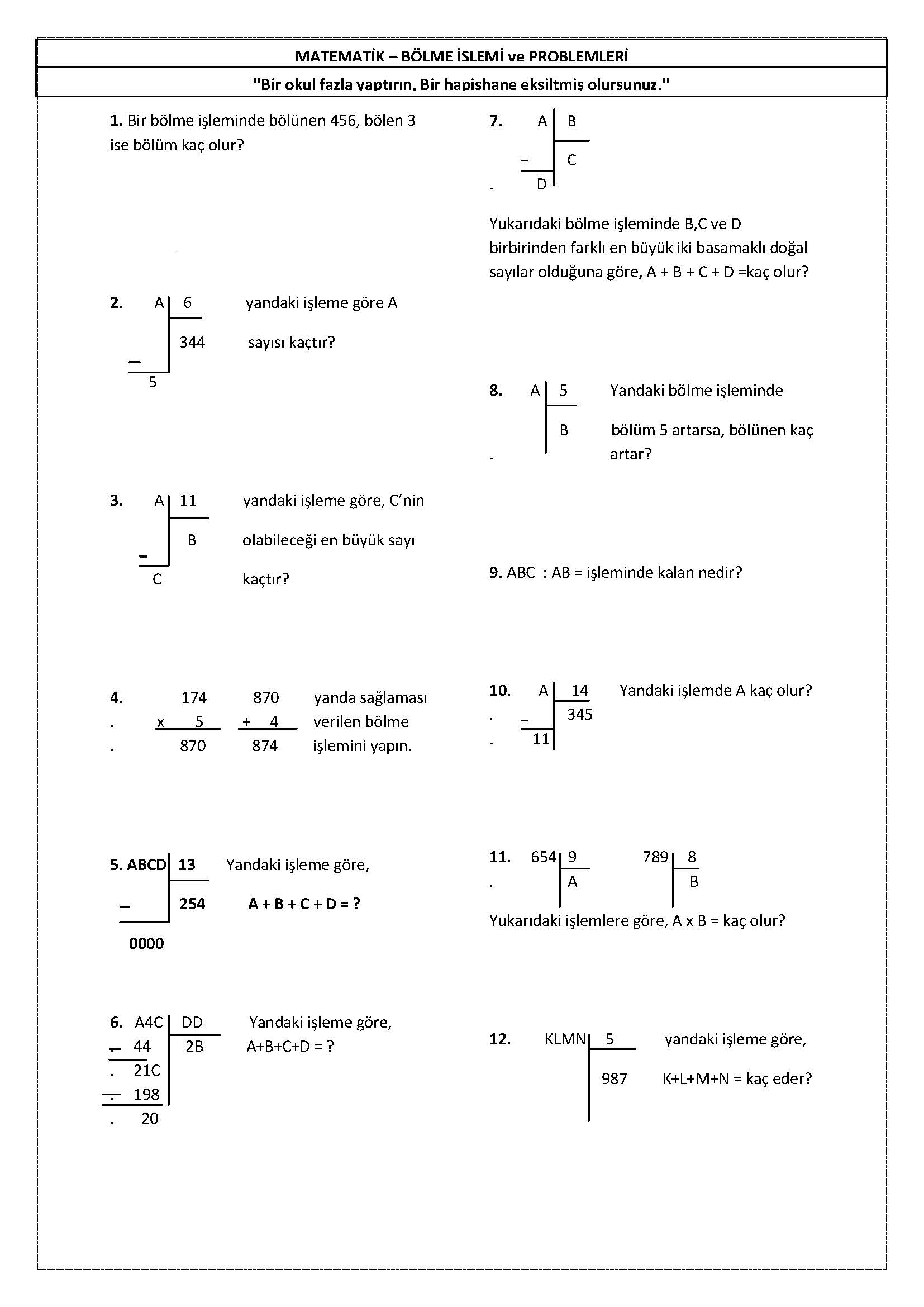 4. Sınıf Matematik Bölme İşlemi Problemleri