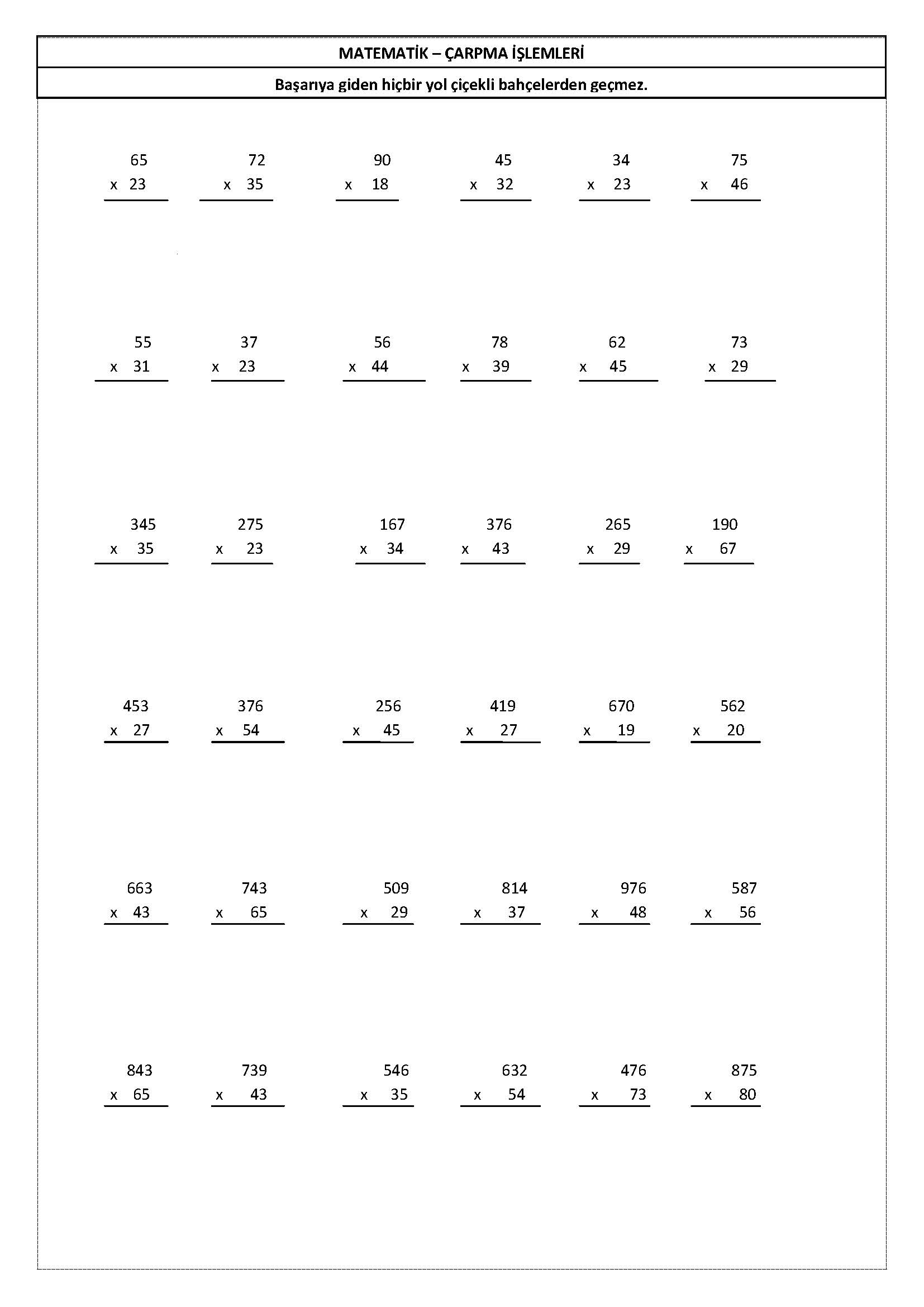 4. Sınıf Matematik Doğal Sayılarda Çarpma İşlemi Etkinliği-2