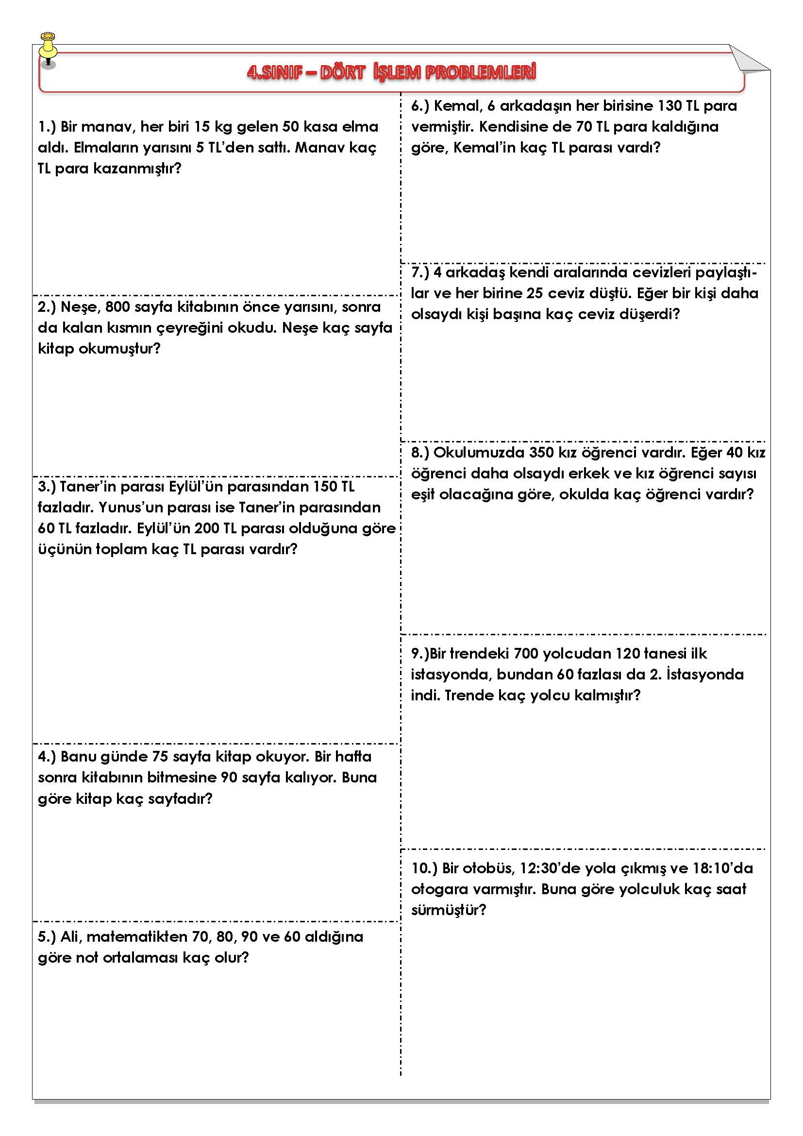 4. Sınıf Matematik Dört İşlem Problemleri