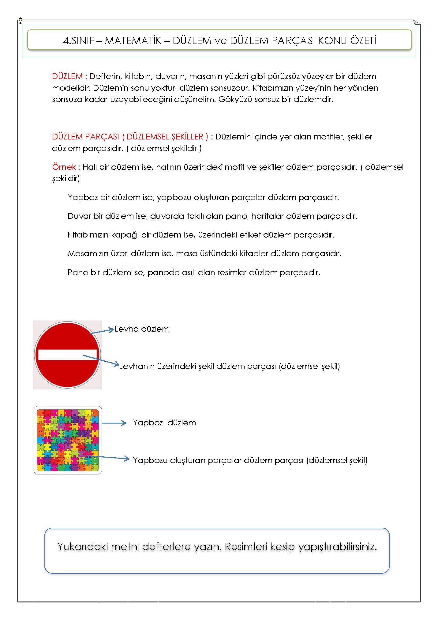 4. Sınıf Matematik Düzlem ve Düzlem Parçası Konu Özeti