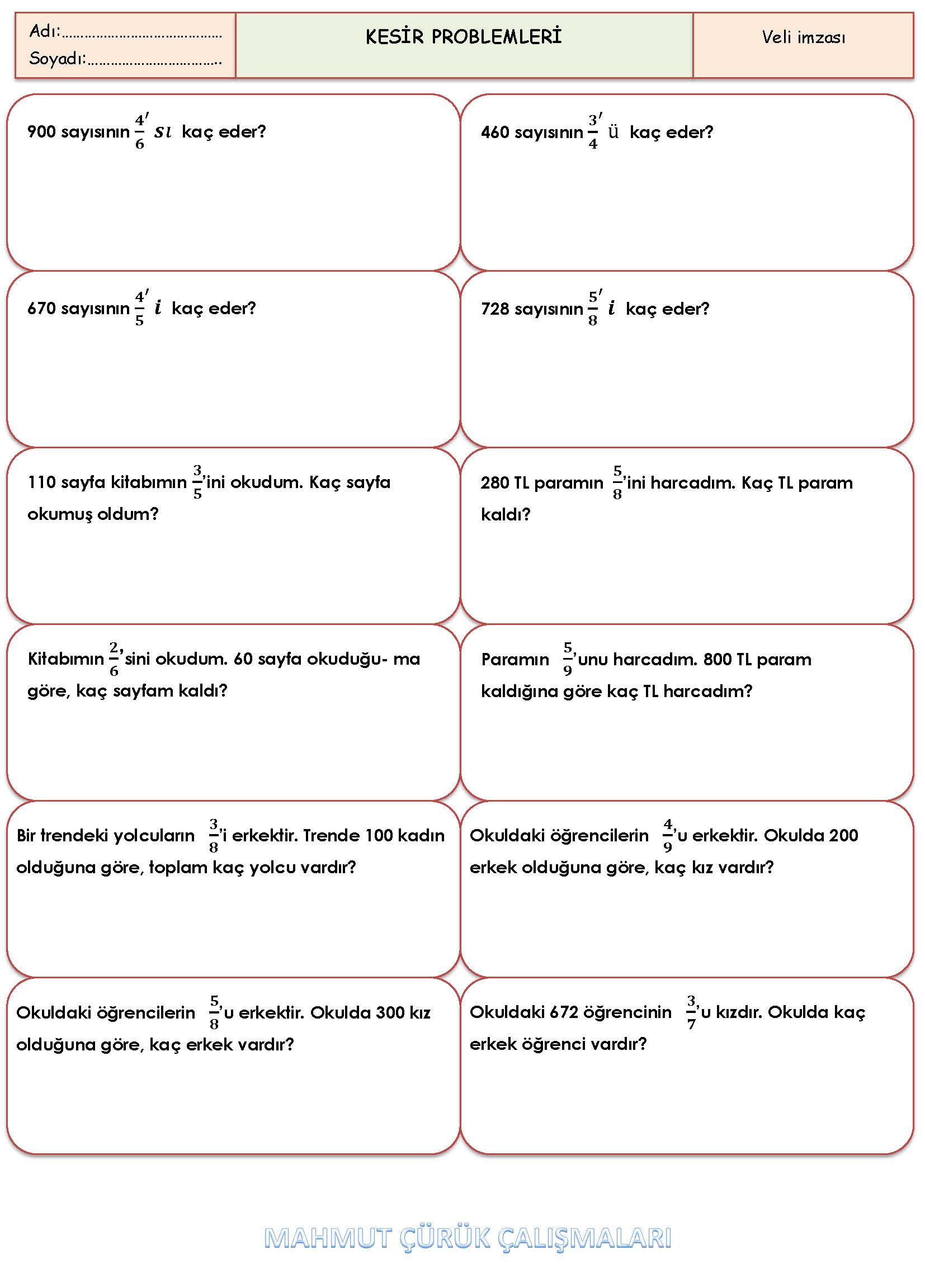 4. Sınıf Matematik Kesir Problemleri Etkinliği