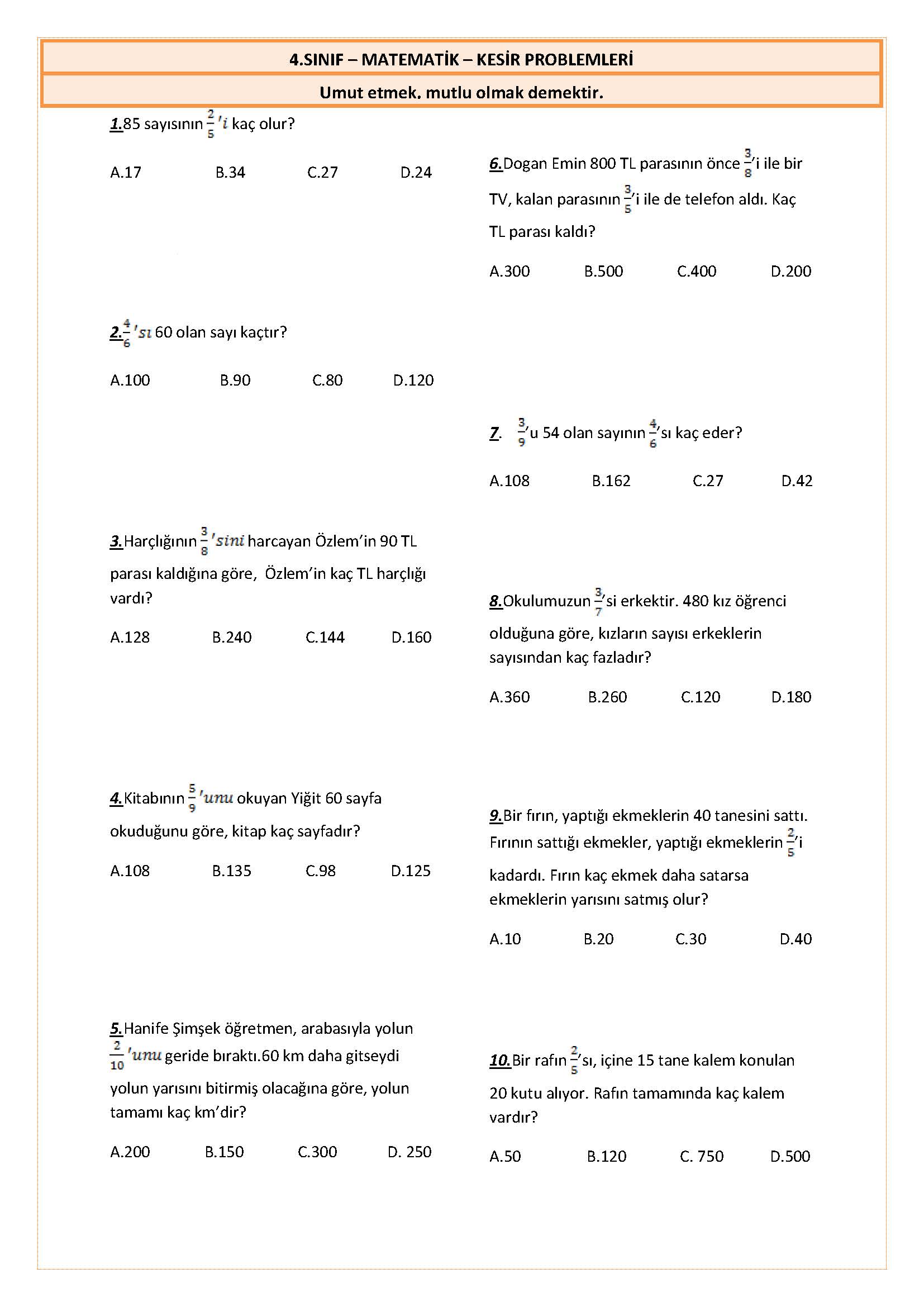 4. Sınıf Matematik Kesir Problemleri Testi