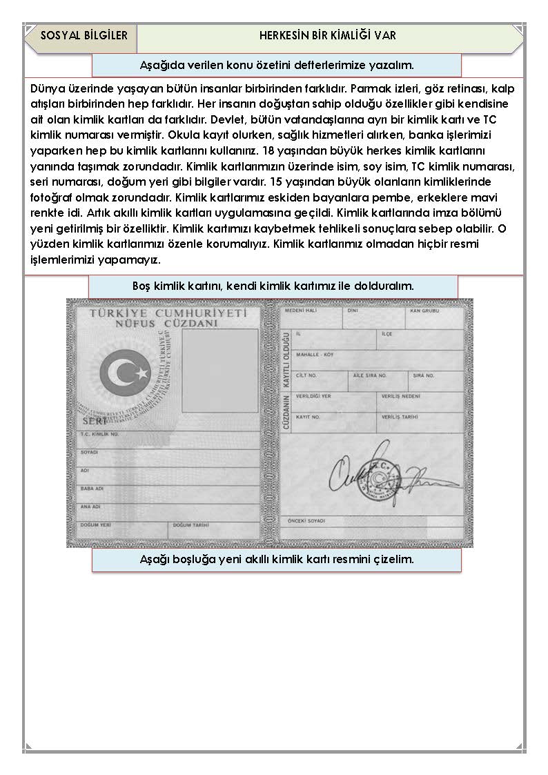 4. Sınıf Sosyal Bilgiler Herkesin Bir Kimliği Var